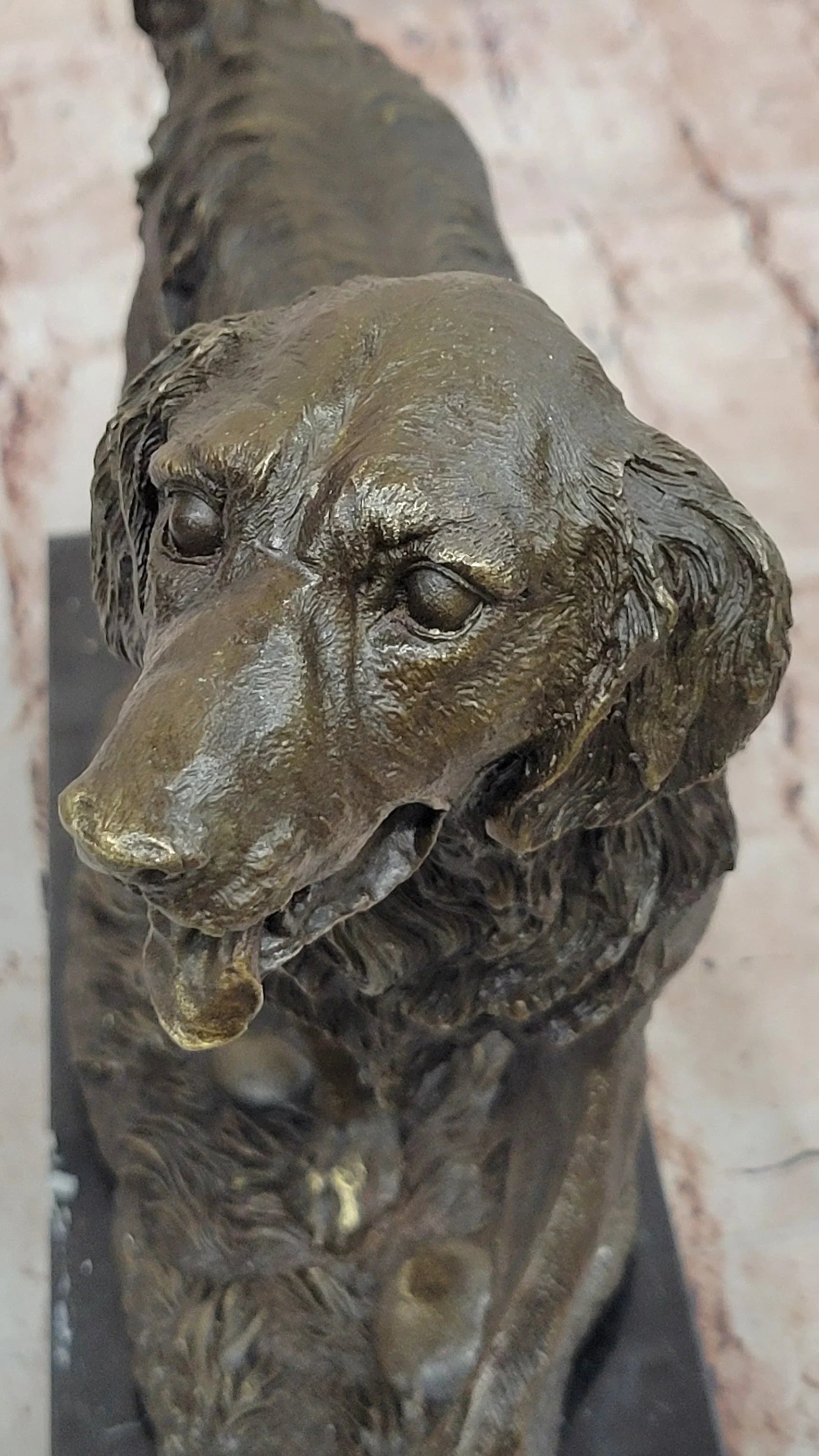 Golden Retriever Dog Bronze Statue Sculpture Figure on Marble Base Signed Art