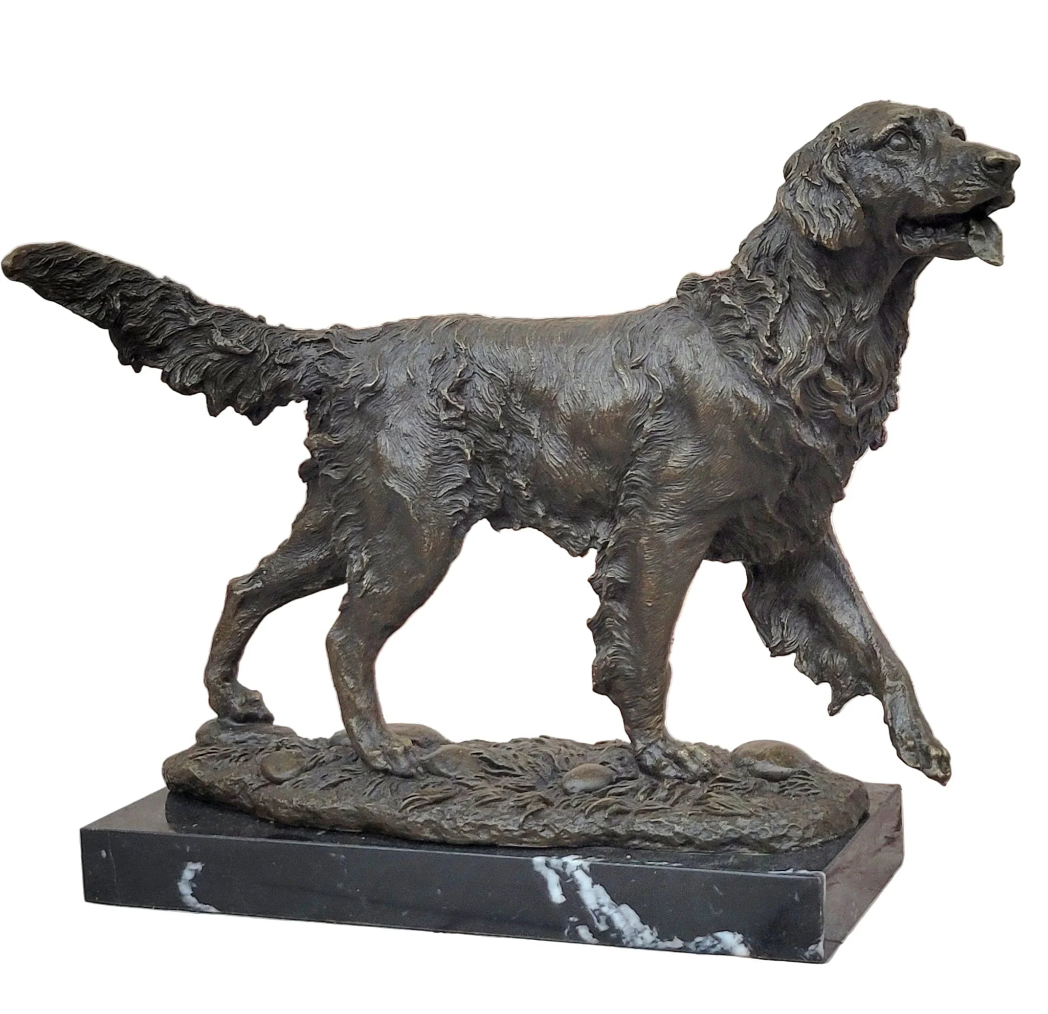 Golden Retriever Dog Bronze Statue Sculpture Figure on Marble Base Signed Art