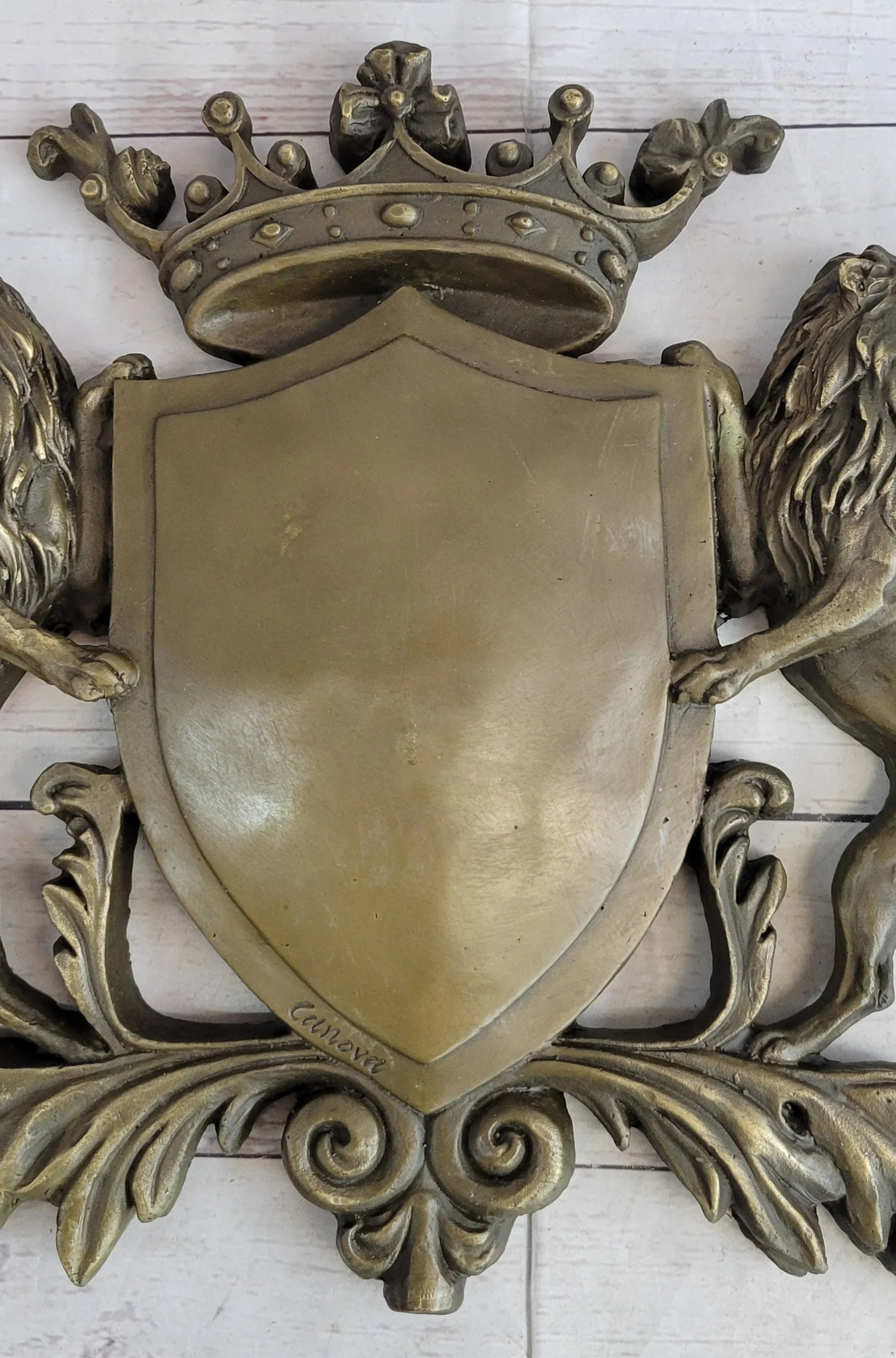 Coat of Arms Family Crest Lions Crown Bronze Wall Mounted Hanging Sculpture 13" x 16"