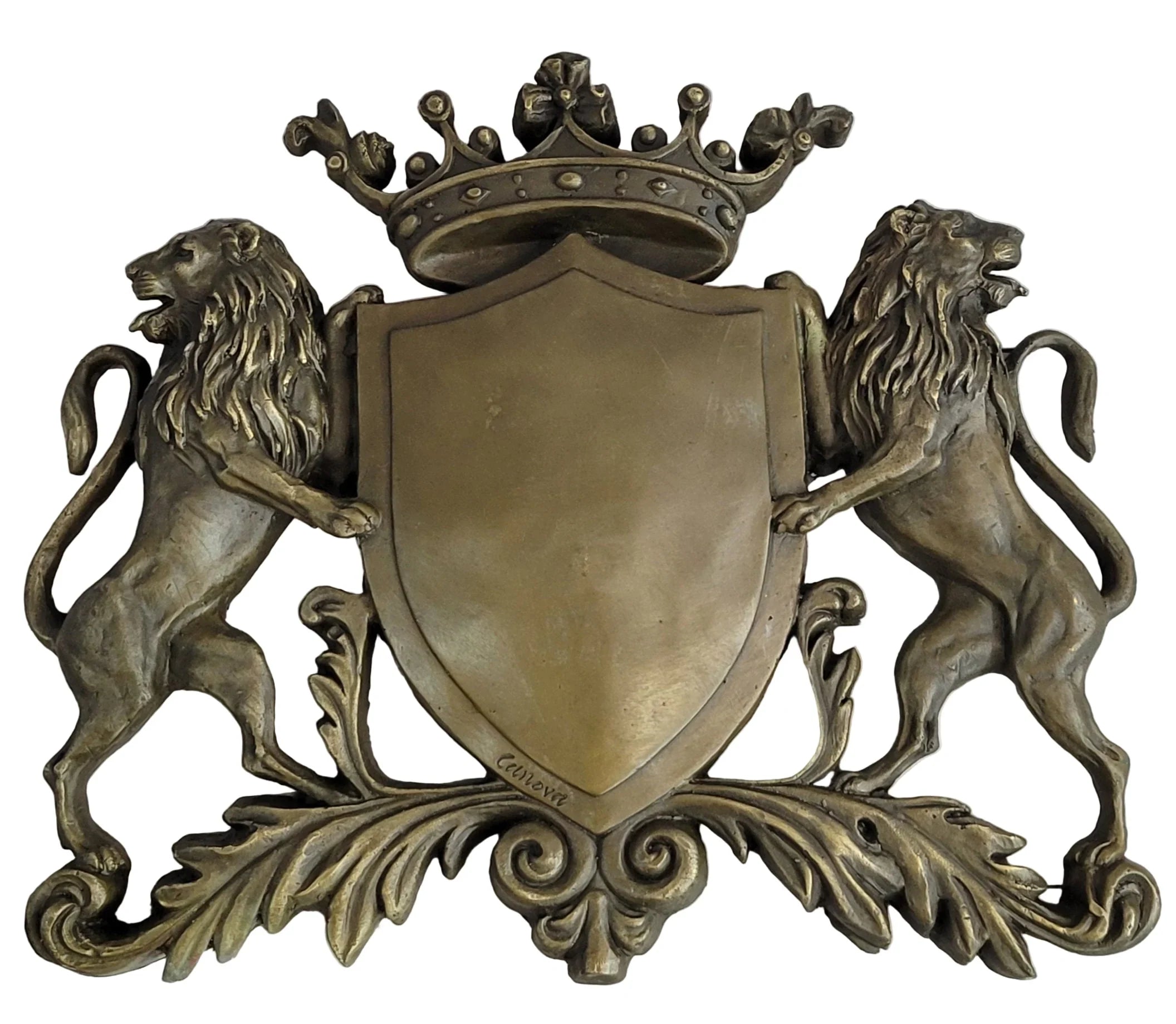 Coat of Arms Family Crest Lions Crown Bronze Wall Mounted Hanging Sculpture 13" x 16"