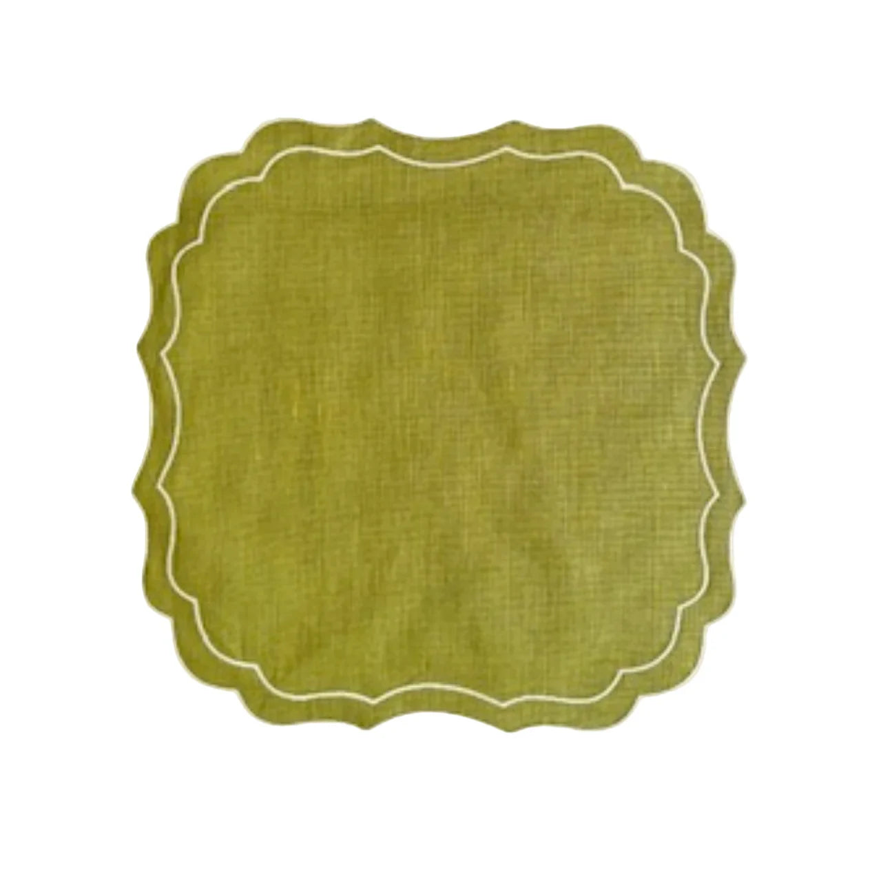 Scalloped Linen Placemats, Olive / Ivory
