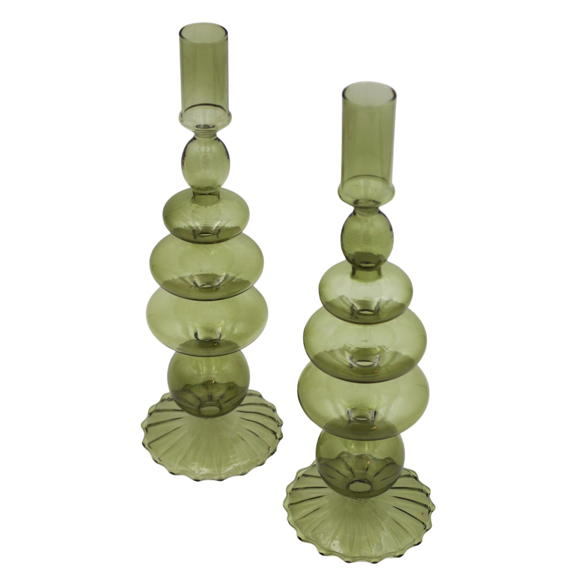 Willow Candle Holder in Green with Ribbed Base (Set of 2)