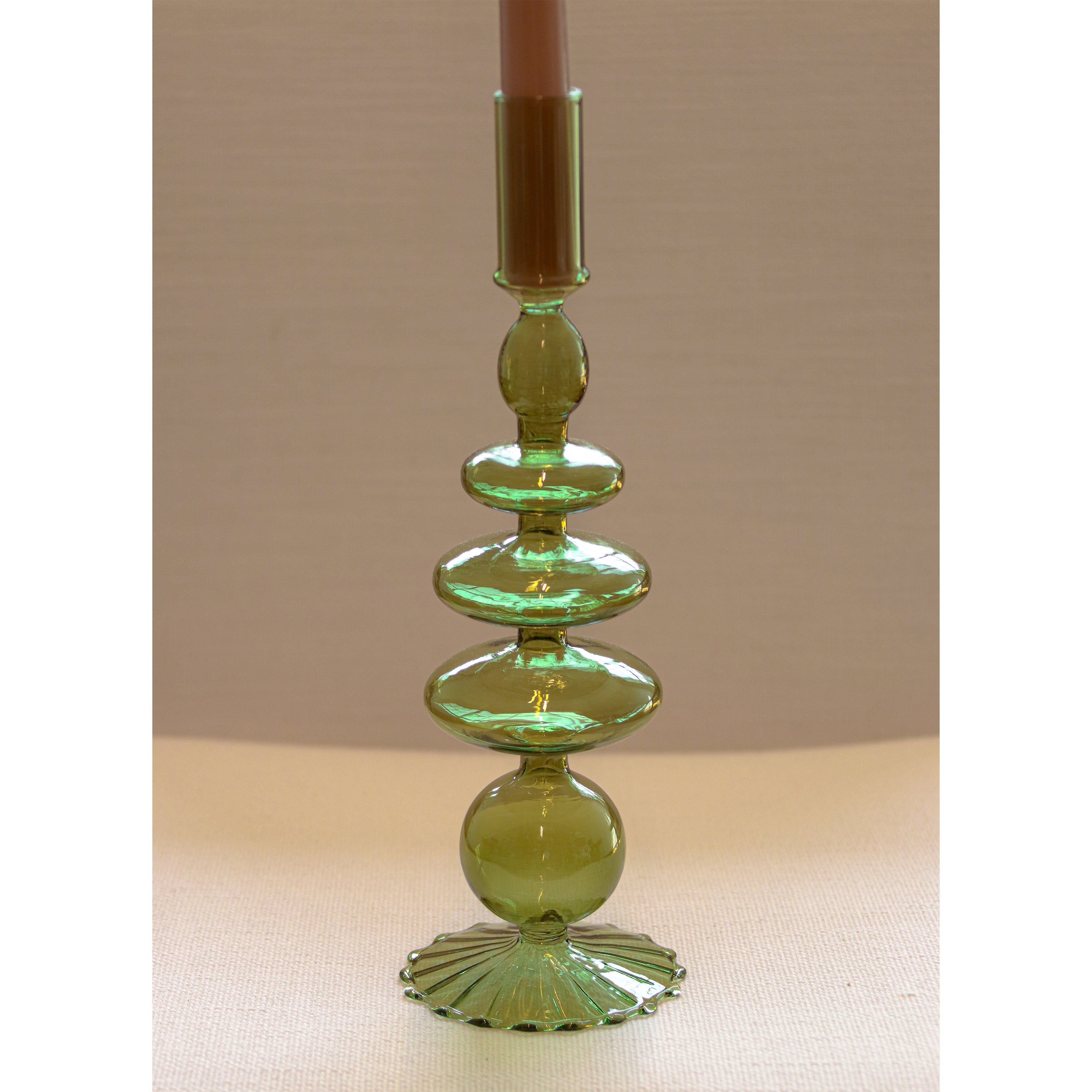 Willow Candle Holder in Green with Ribbed Base (Set of 2)