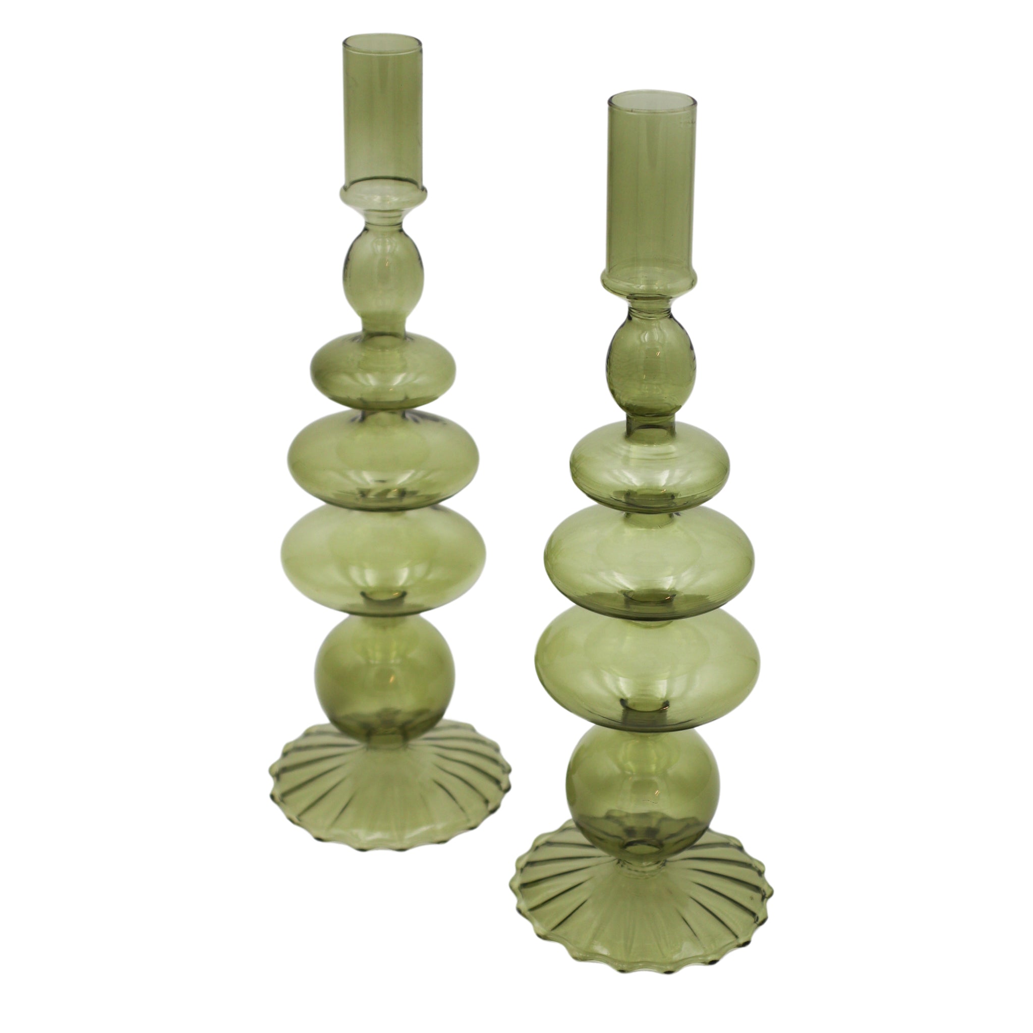 Willow Candle Holder in Green with Ribbed Base (Set of 2)