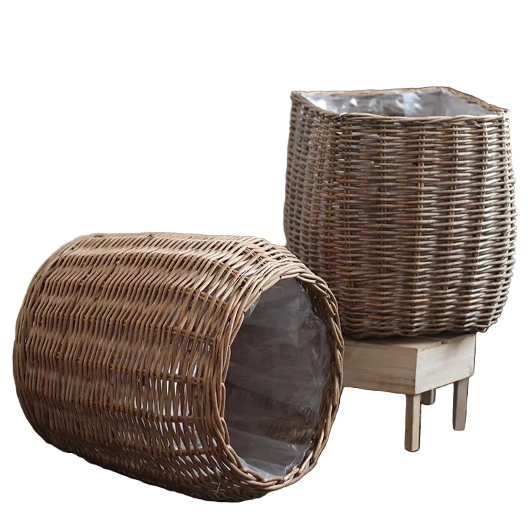 Square and round wicker floor basket styles with plastic liners — Rustic Reach