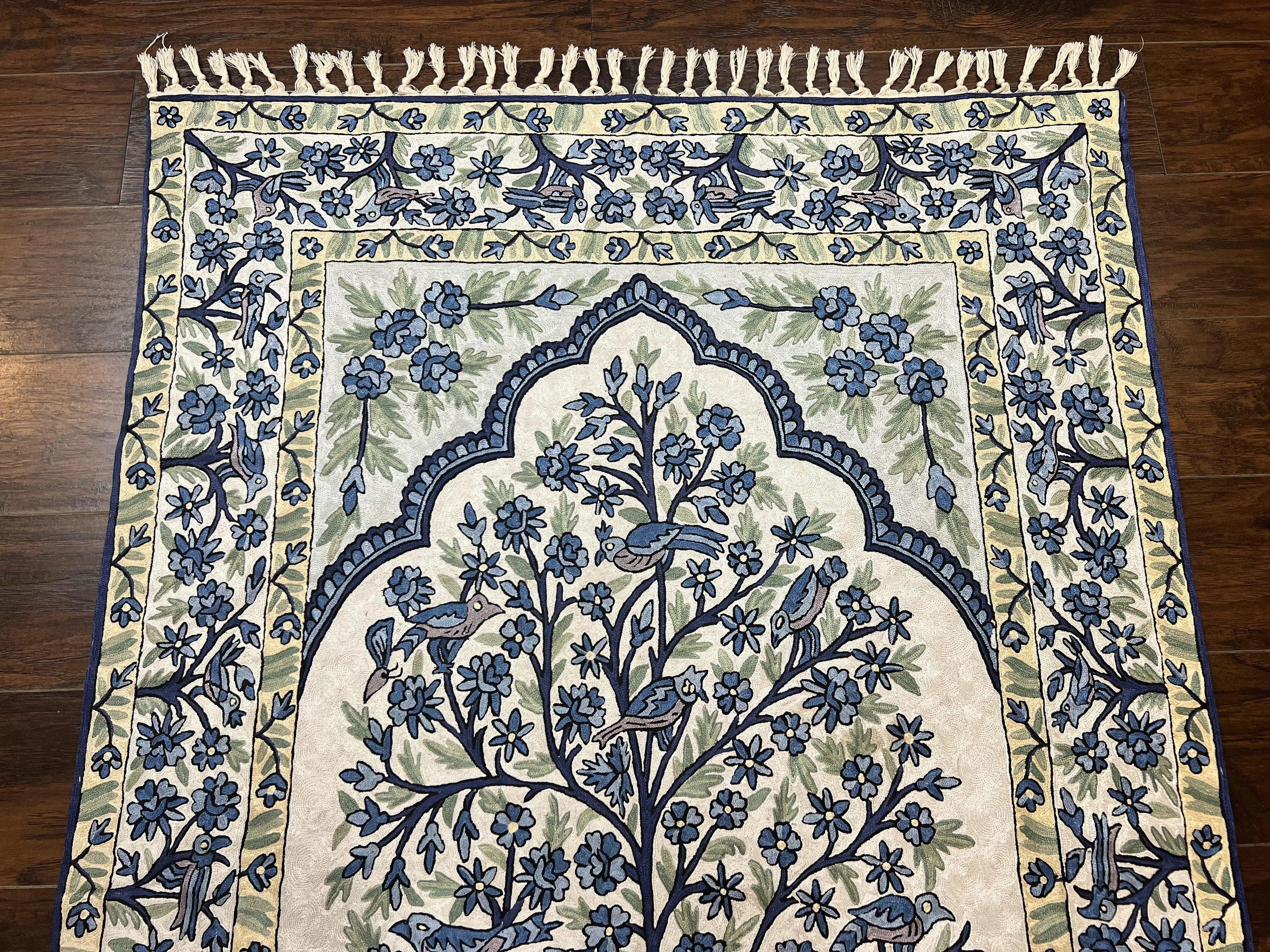 Tree of Life Indian Hand Stitched Rug 4x6, Indian Wall Hanging Rug, Ivory Blue, Silk on Cotton, Vintage