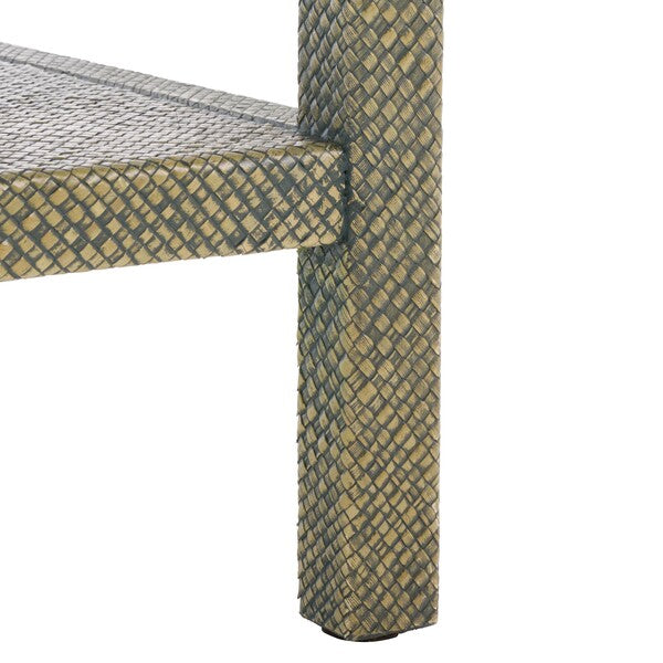 Apis Raffia Accent Table in Turquoise with Storage Drawer and Shelf