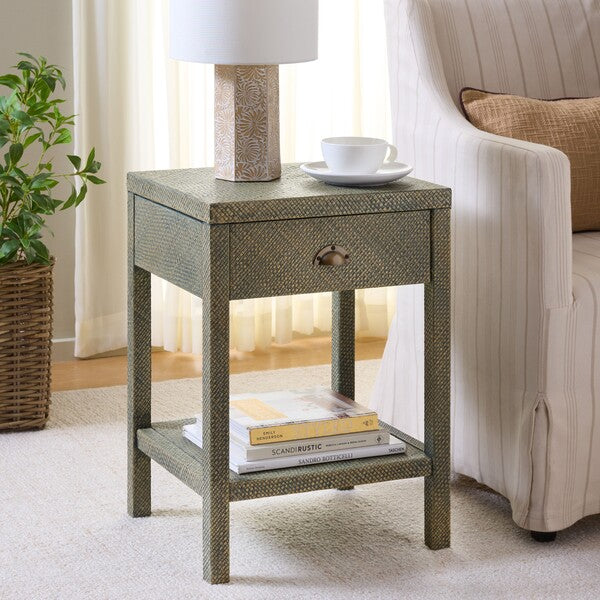 Apis Raffia Accent Table in Turquoise with Storage Drawer and Shelf