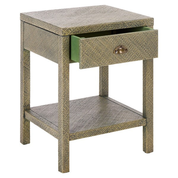 Apis Raffia Accent Table in Turquoise with Storage Drawer and Shelf