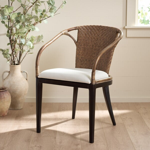Kumi Rattan Accent Chair in Brown with Ivory Cushion