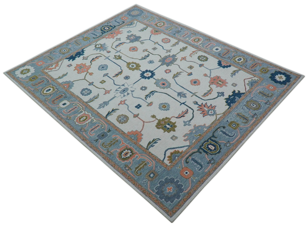 Allure Custom Made Ivory And Blue Traditional Oushak Hand Tufted Wool Rug