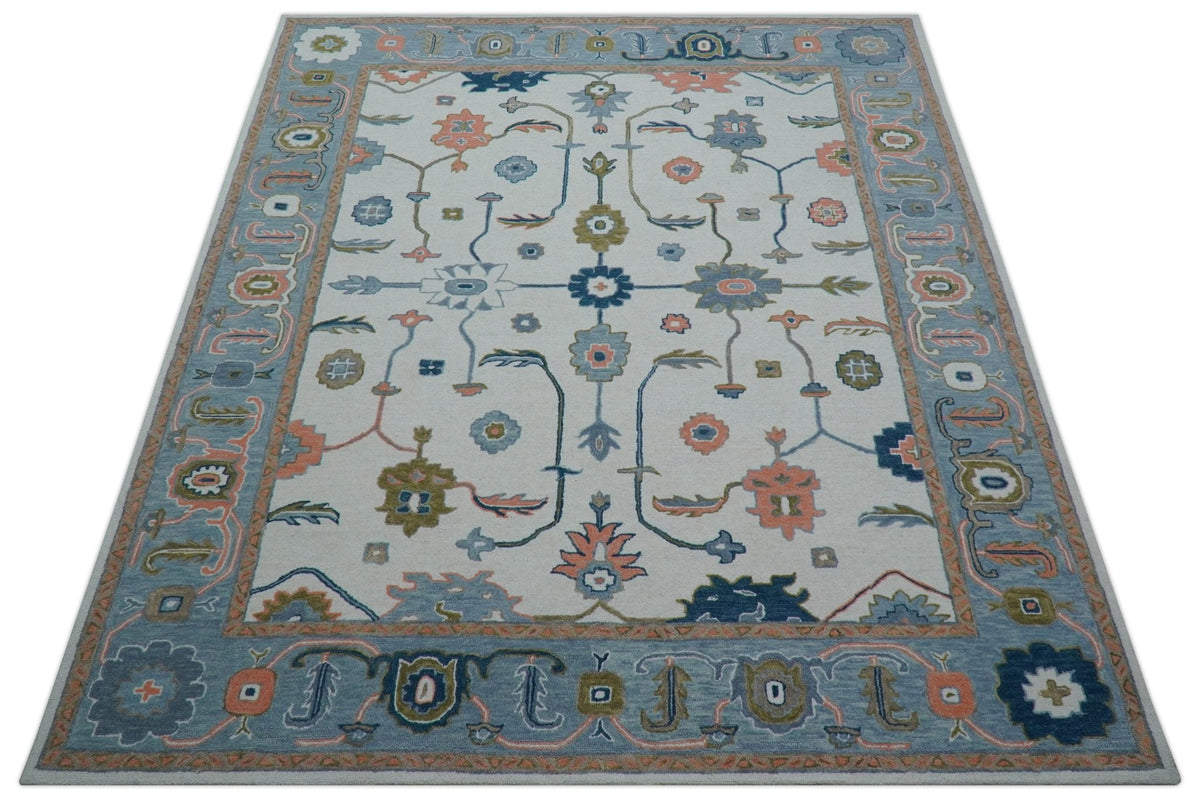 Allure Custom Made Ivory And Blue Traditional Oushak Hand Tufted Wool Rug
