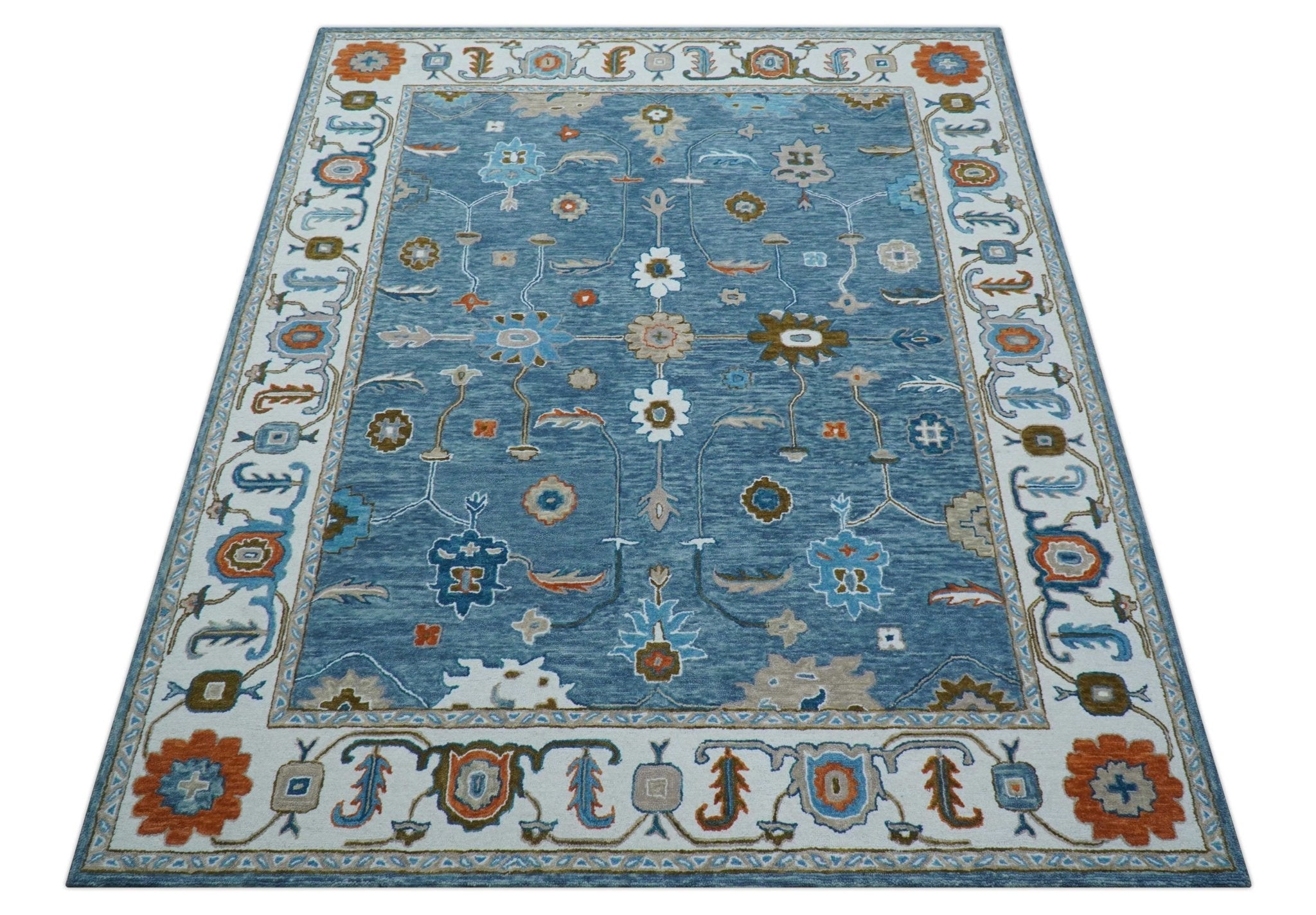 Allure Custom Made Modern Oushak Blue And Ivory Hand Tufted Wool Rug
