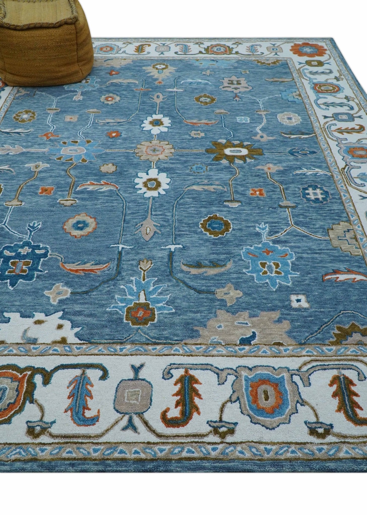 Allure Custom Made Modern Oushak Blue And Ivory Hand Tufted Wool Rug