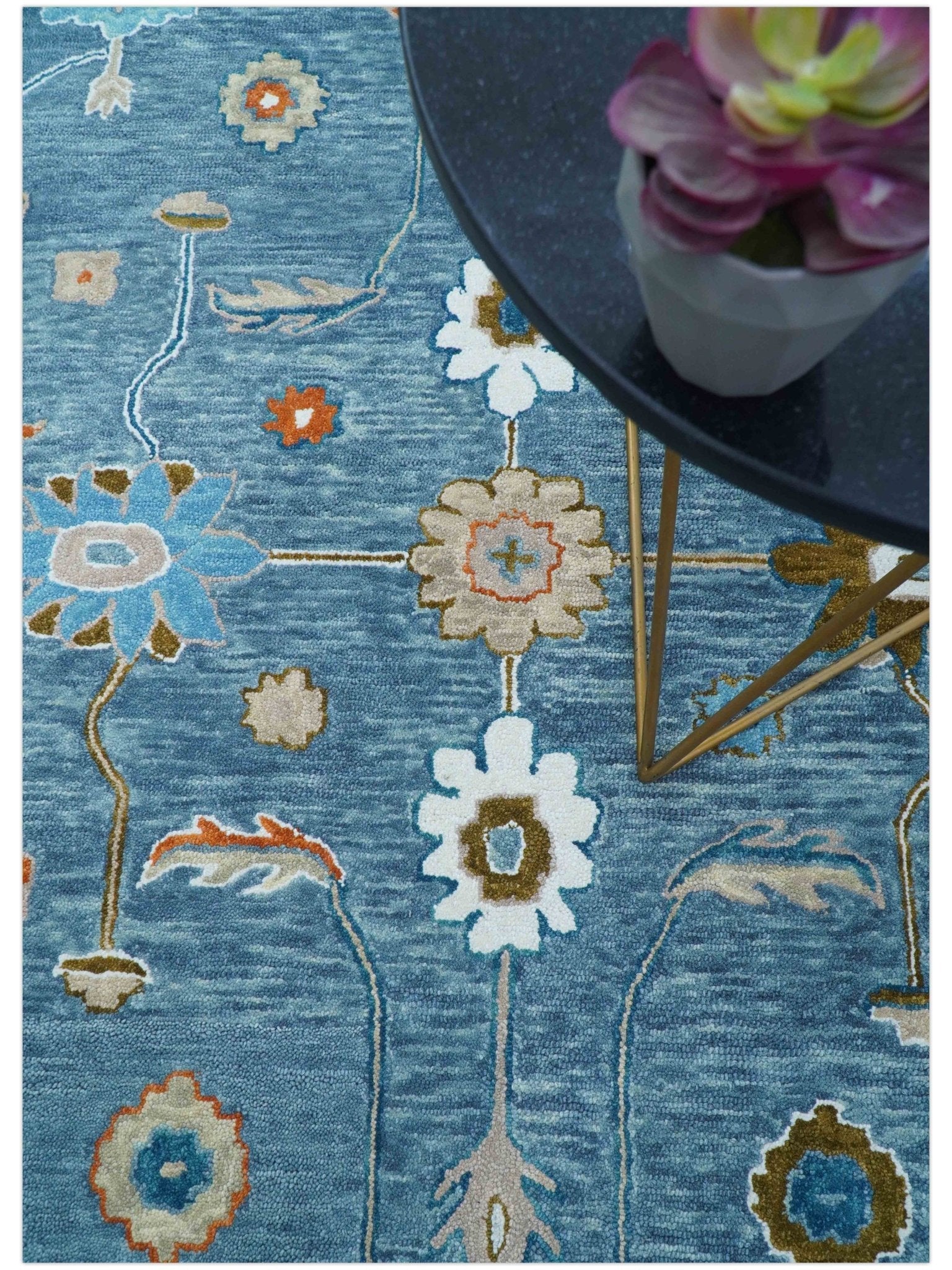 Allure Custom Made Modern Oushak Blue And Ivory Hand Tufted Wool Rug