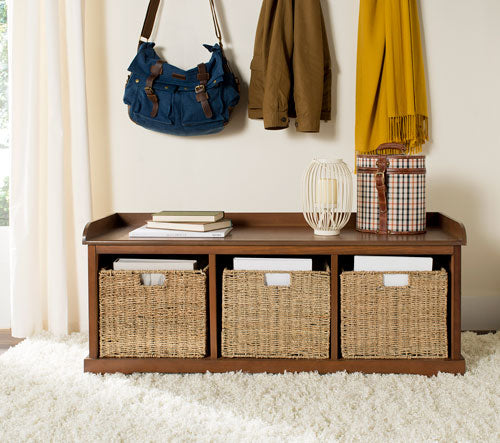 Lonan Wicker Storage Bench in Medium Walnut with White Cotton Cushion