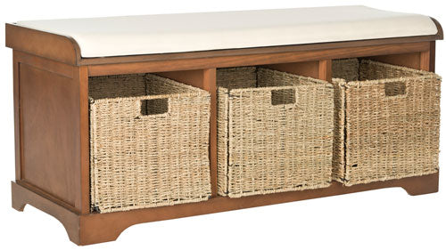Lonan Wicker Storage Bench in Medium Walnut with White Cotton Cushion