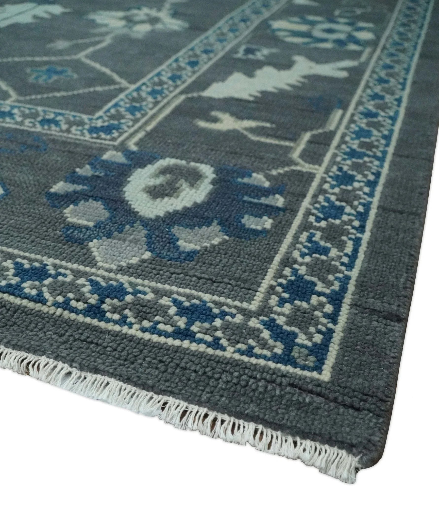 Antique Hand Knotted Oushak Charcoal and Blue Traditional Area Rug - The Mayfair Hall