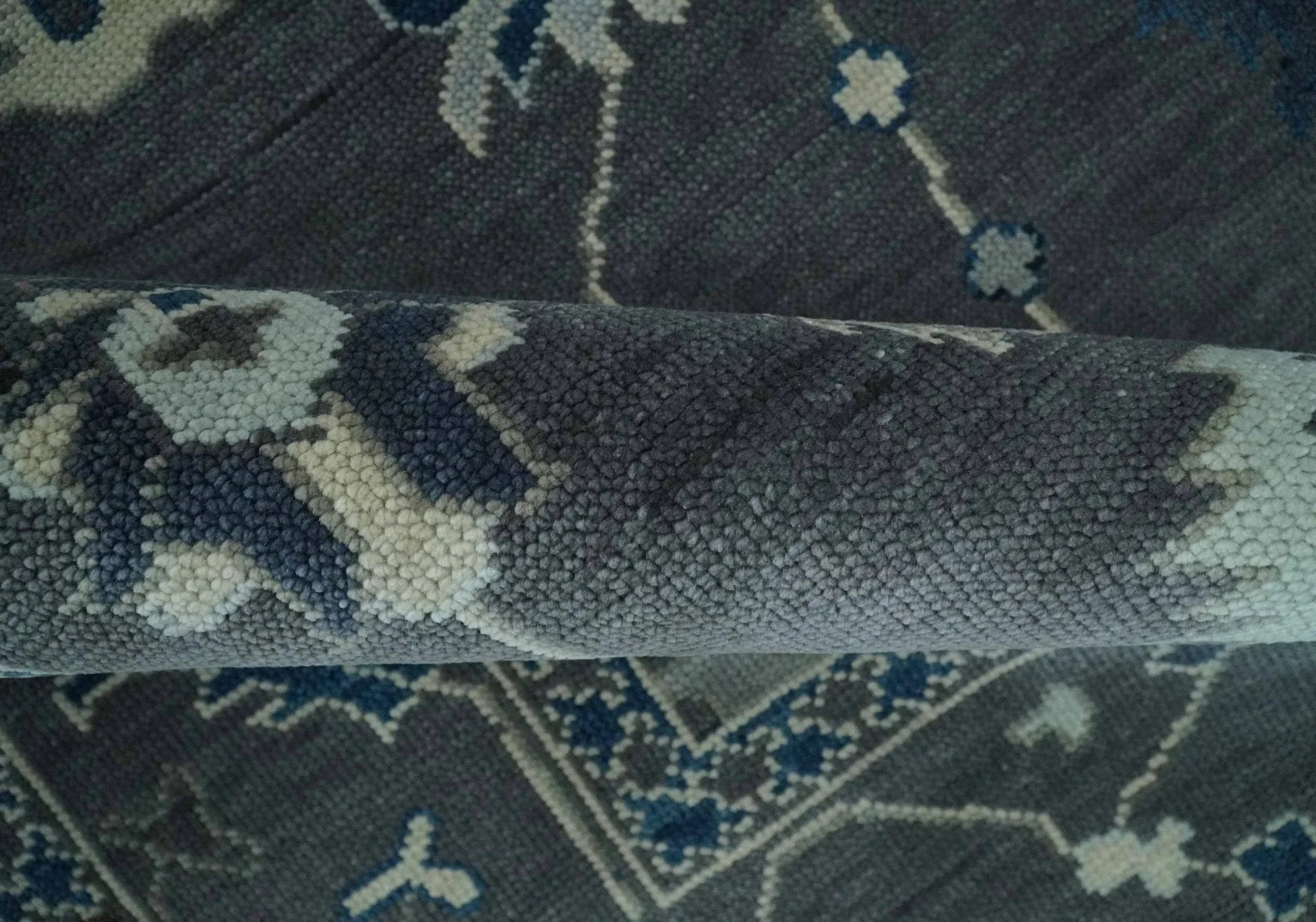Antique Hand Knotted Oushak Charcoal and Blue Traditional Area Rug - The Mayfair Hall