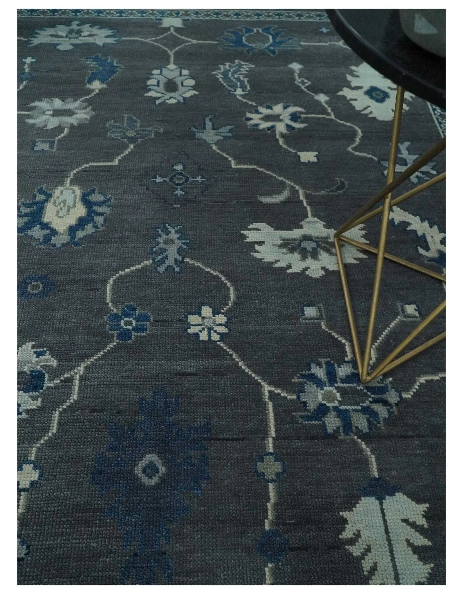 Antique Hand Knotted Oushak Charcoal and Blue Traditional Area Rug - The Mayfair Hall