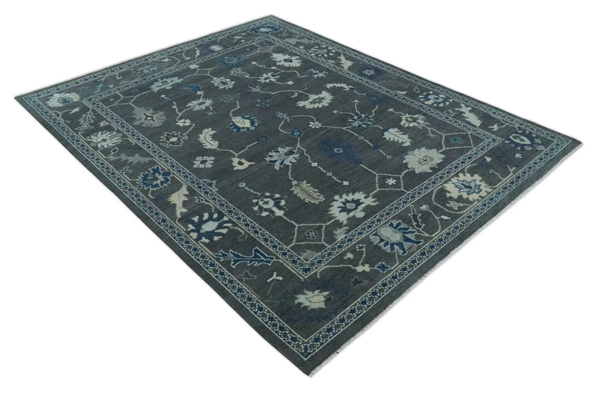 Antique Hand Knotted Oushak Charcoal and Blue Traditional Area Rug - The Mayfair Hall