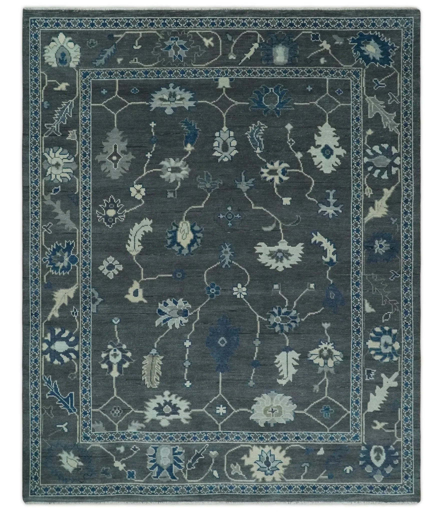 Antique Hand Knotted Oushak Charcoal and Blue Traditional Area Rug - The Mayfair Hall