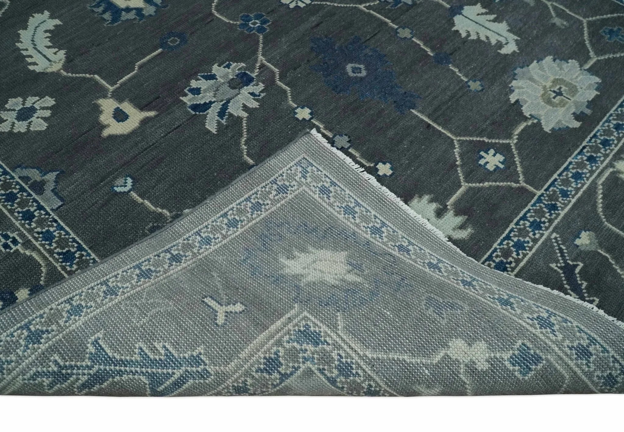 Antique Hand Knotted Oushak Charcoal and Blue Traditional Area Rug - The Mayfair Hall
