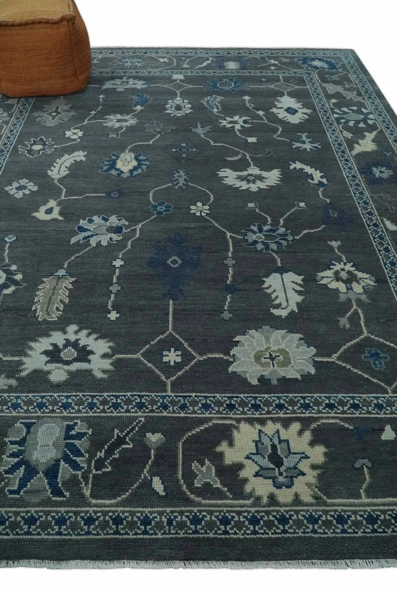 Antique Hand Knotted Oushak Charcoal and Blue Traditional Area Rug - The Mayfair Hall