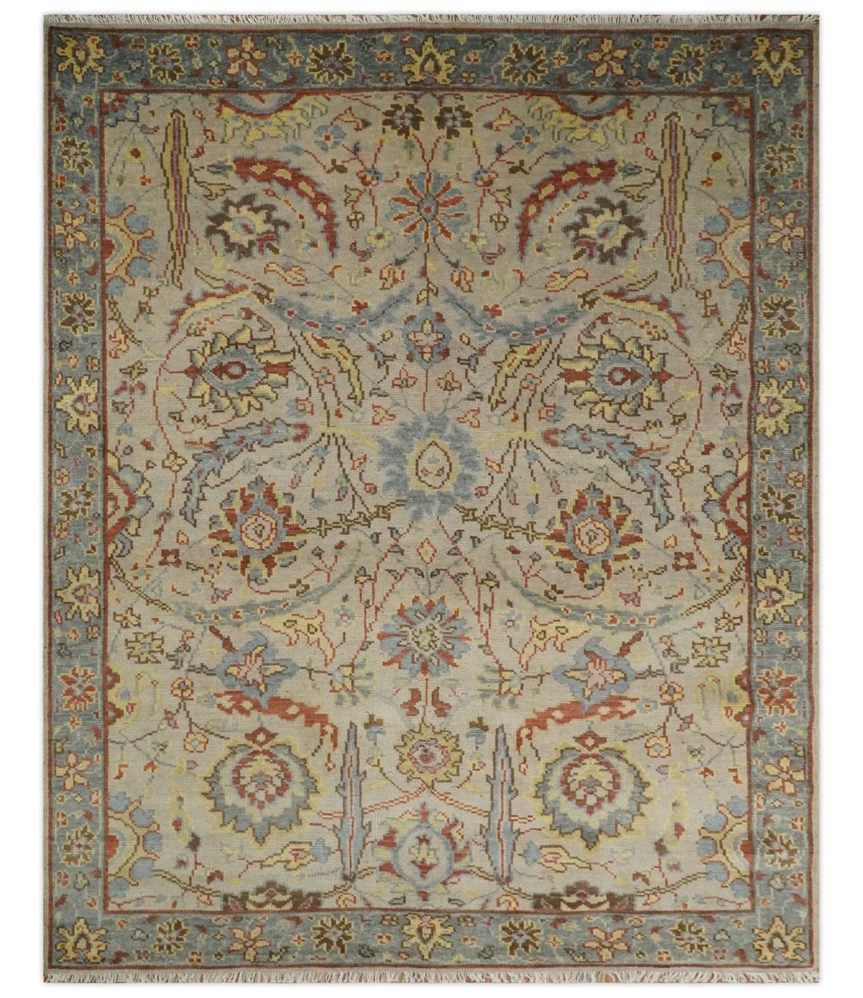 Custom Made Beige, Rust and Blue Traditional Style Hand Knotted Wool Area Rug