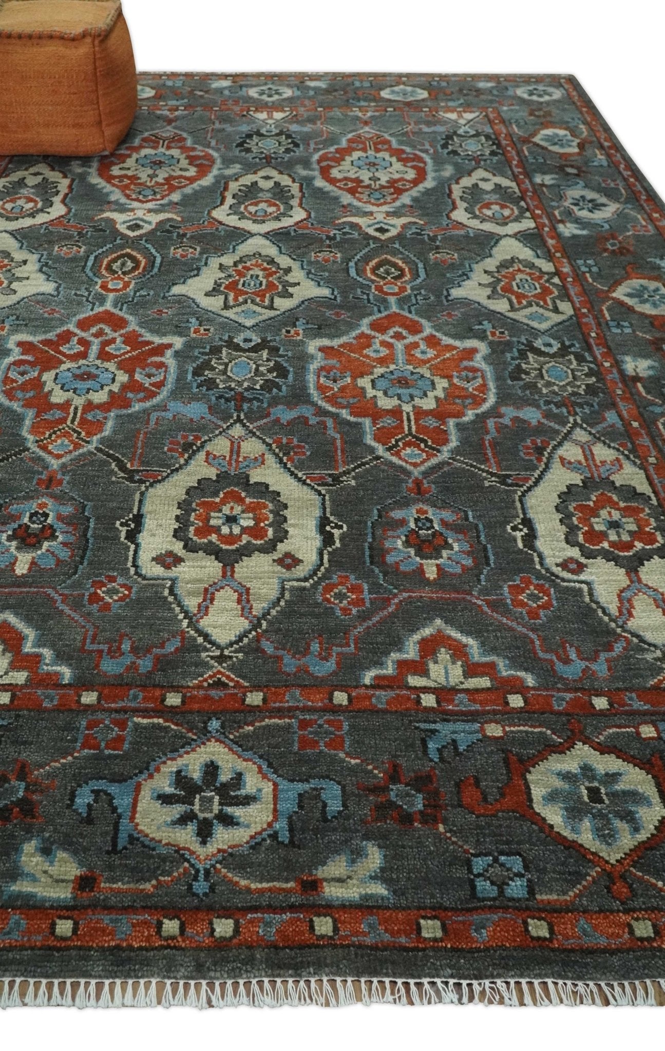 Antique 5x8, 6x9, 8x10, 9x12, 10x14 and 12x15 All Wool Traditional Persian Gray, Rust and Ivory Vibrant Hand knotted Oushak Area Rug | TRDCP1011912 - The Rug Decor