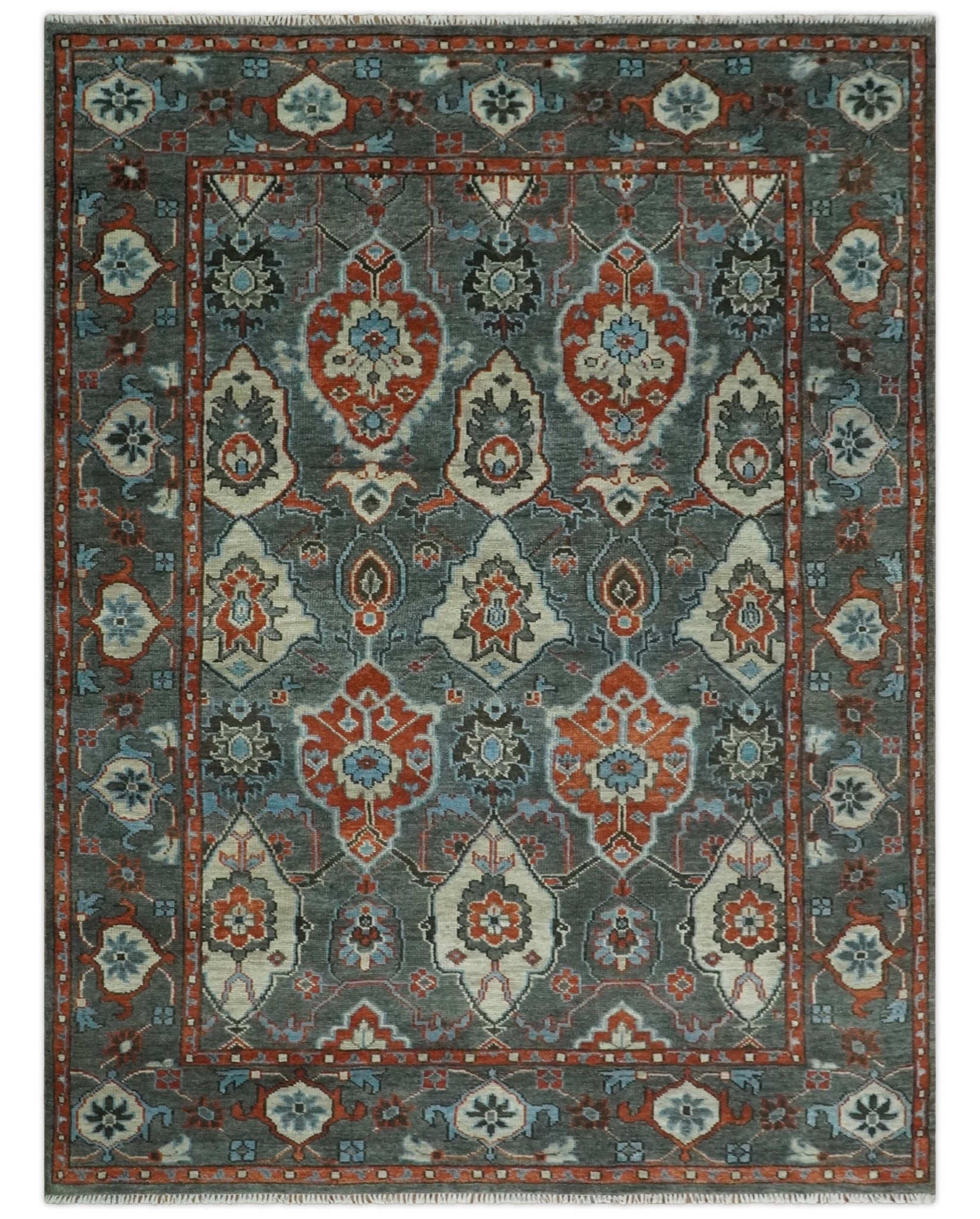 Antique 5x8, 6x9, 8x10, 9x12, 10x14 and 12x15 All Wool Traditional Persian Gray, Rust and Ivory Vibrant Hand knotted Oushak Area Rug | TRDCP1011912 - The Rug Decor