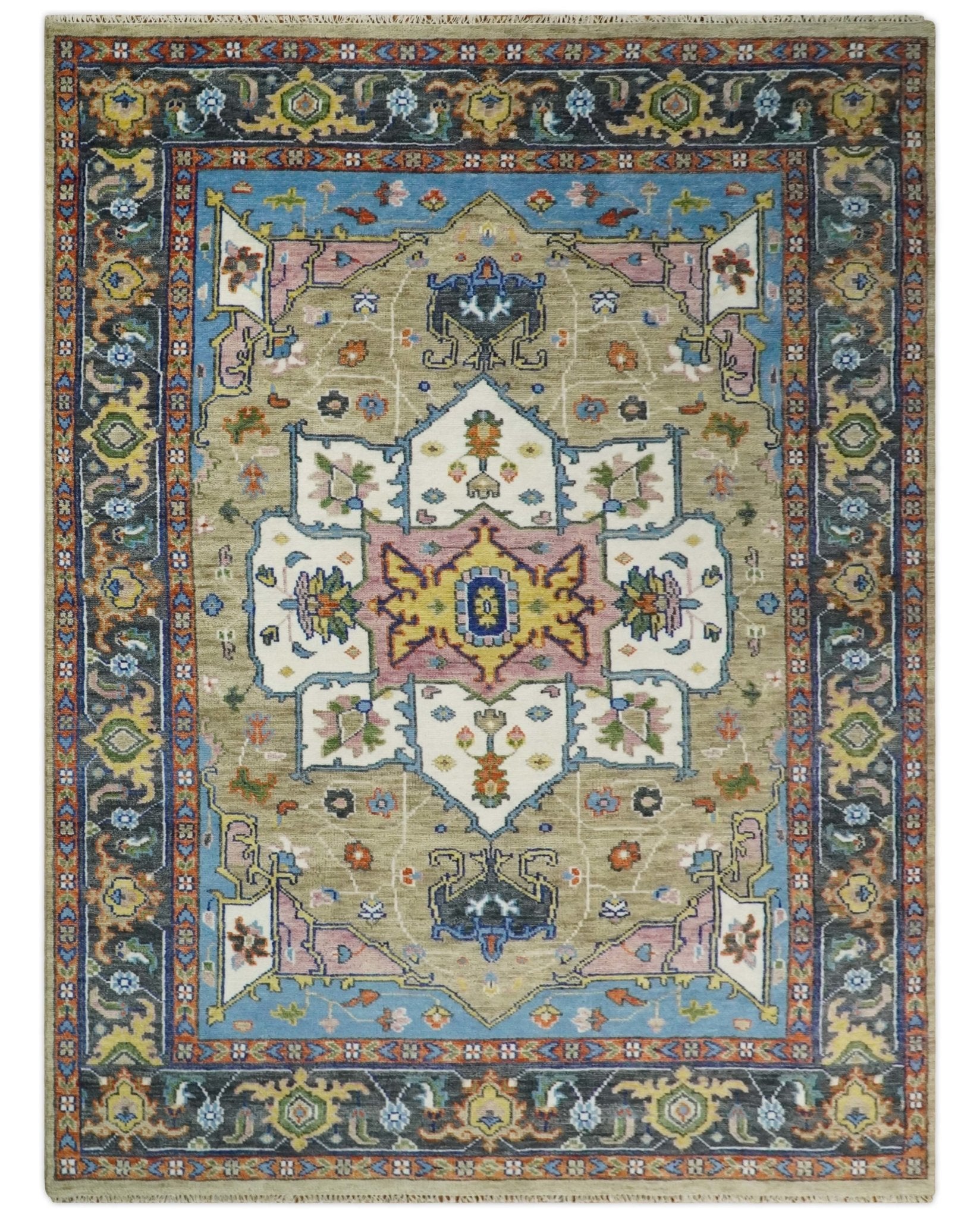 Antique 5x8, 6x9, 8x10, 9x12, 10x14 and 12x15 Blue, Camel and Ivory Hand Knotted Wool Vintage Persian Area Rug | TRDCP677 - The Rug Decor