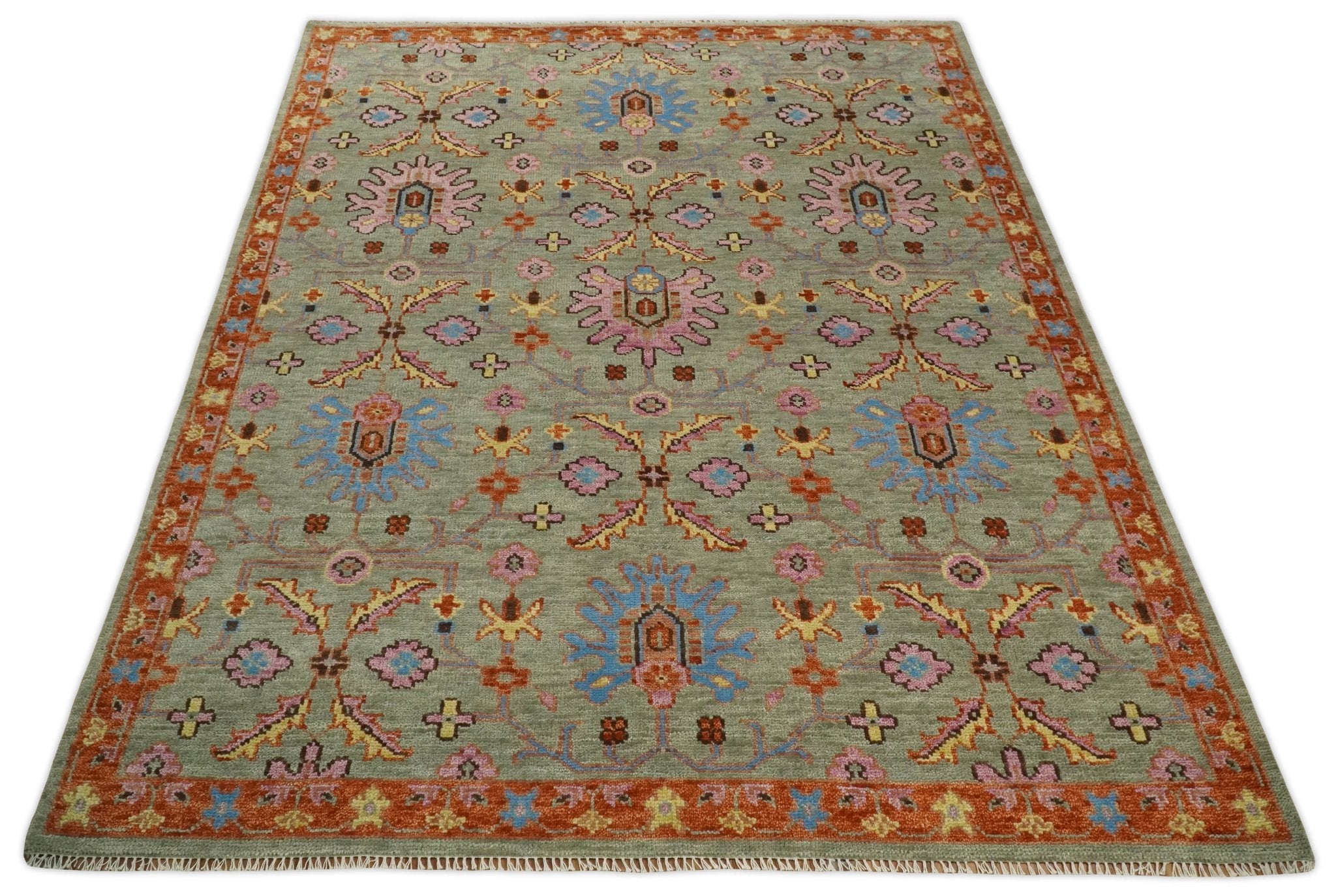 Antique 5x8, 6x9, 8x10, 9x12, 10x14 and 12x15 Hand Knotted Antique Green, Pink, Beige and Rust Traditional Persian Vintage Oushak Wool Rug | TRDCP659 - The Rug Decor