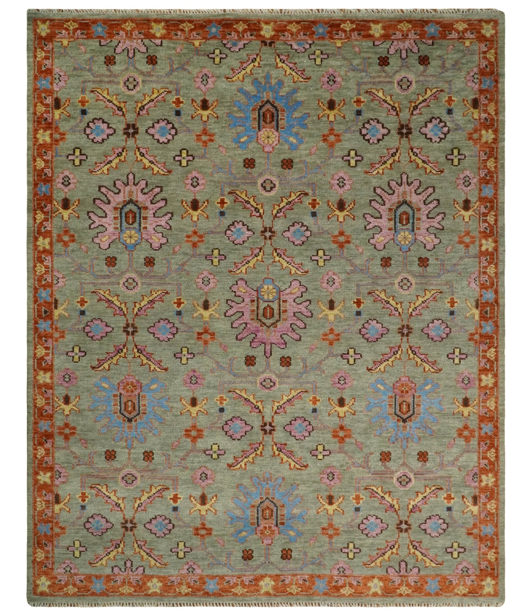 Antique 5x8, 6x9, 8x10, 9x12, 10x14 and 12x15 Hand Knotted Antique Green, Pink, Beige and Rust Traditional Persian Vintage Oushak Wool Rug | TRDCP659 - The Rug Decor