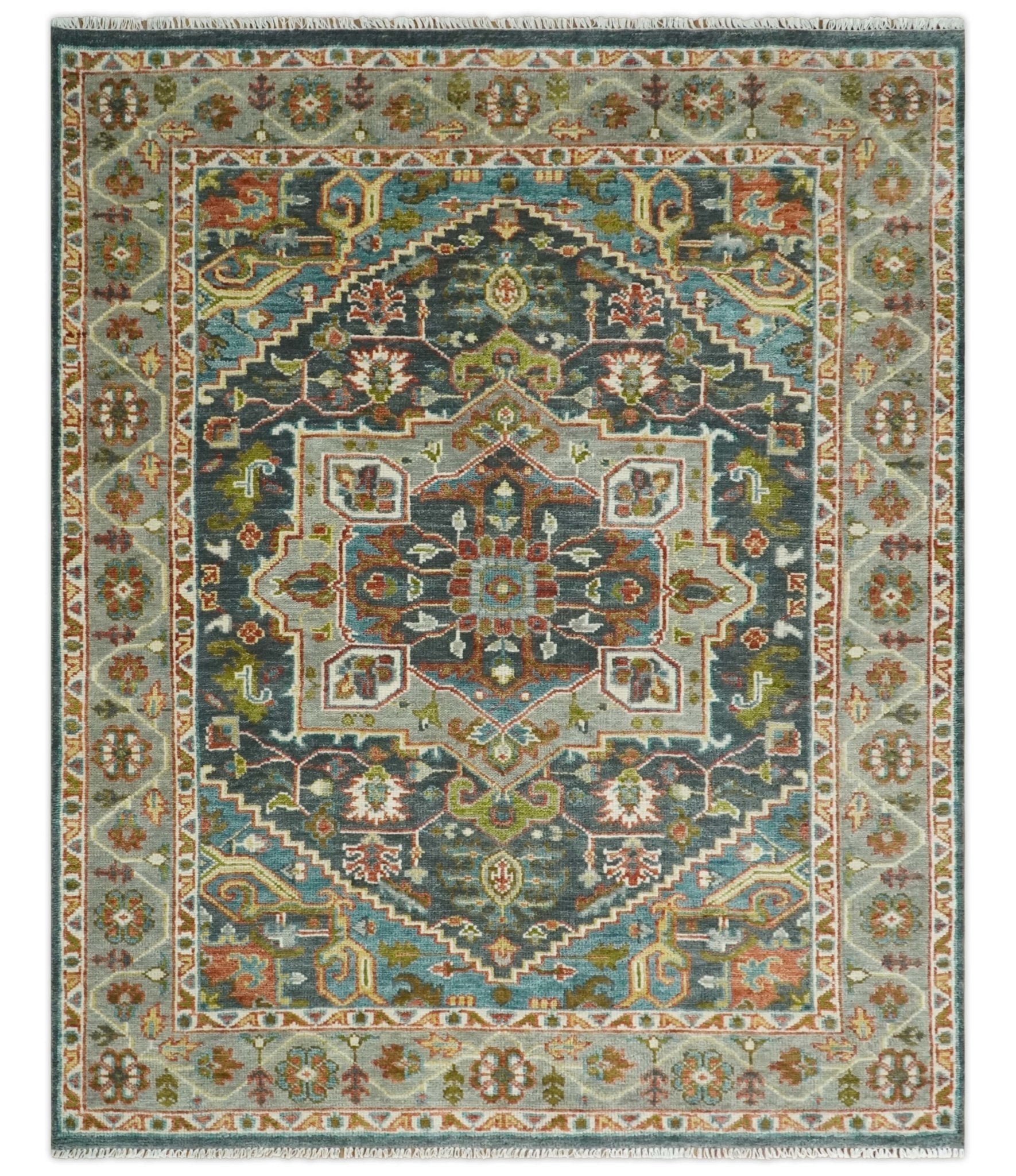 Hand Knotted Charcoal, Camel and Teal Traditional Heriz Multi size Wool Area Rug