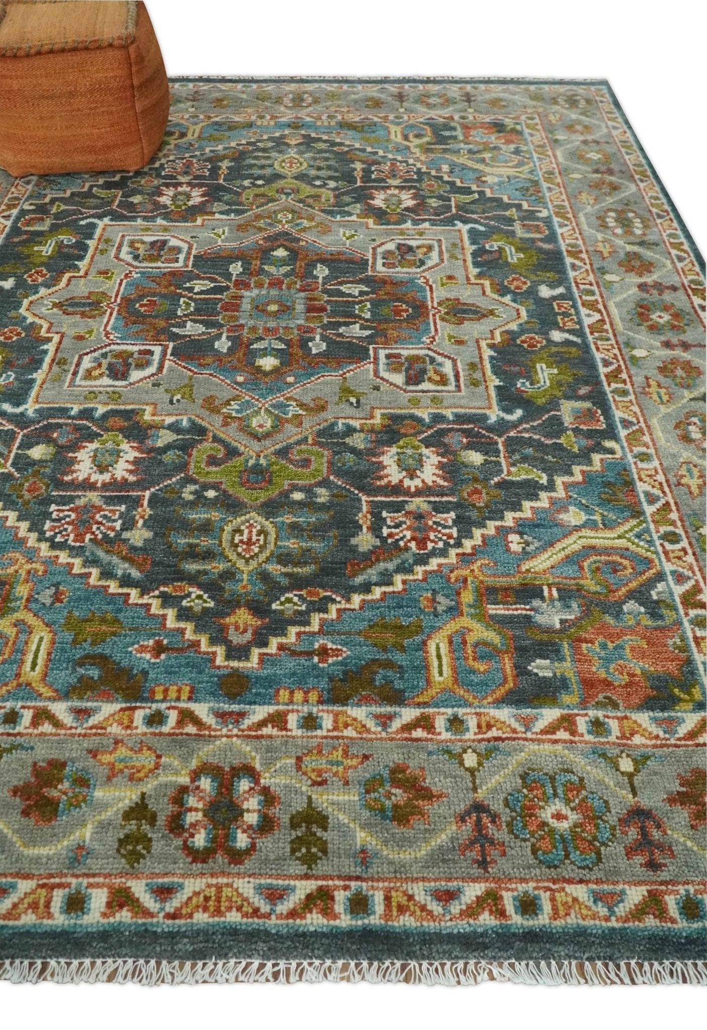 Hand Knotted Charcoal, Camel and Teal Traditional Heriz Multi size Wool Area Rug