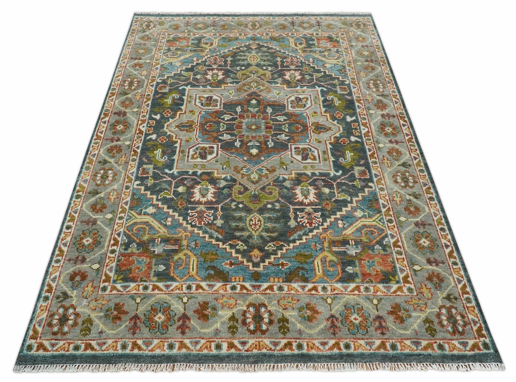 Hand Knotted Charcoal, Camel and Teal Traditional Heriz Multi size Wool Area Rug