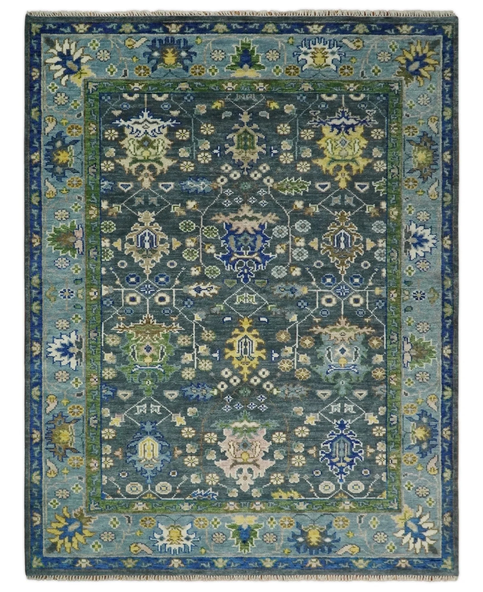 Antique Design Hand Knotted Green Moss and Blue Turkish Oushak Custom Made Wool Area Rug