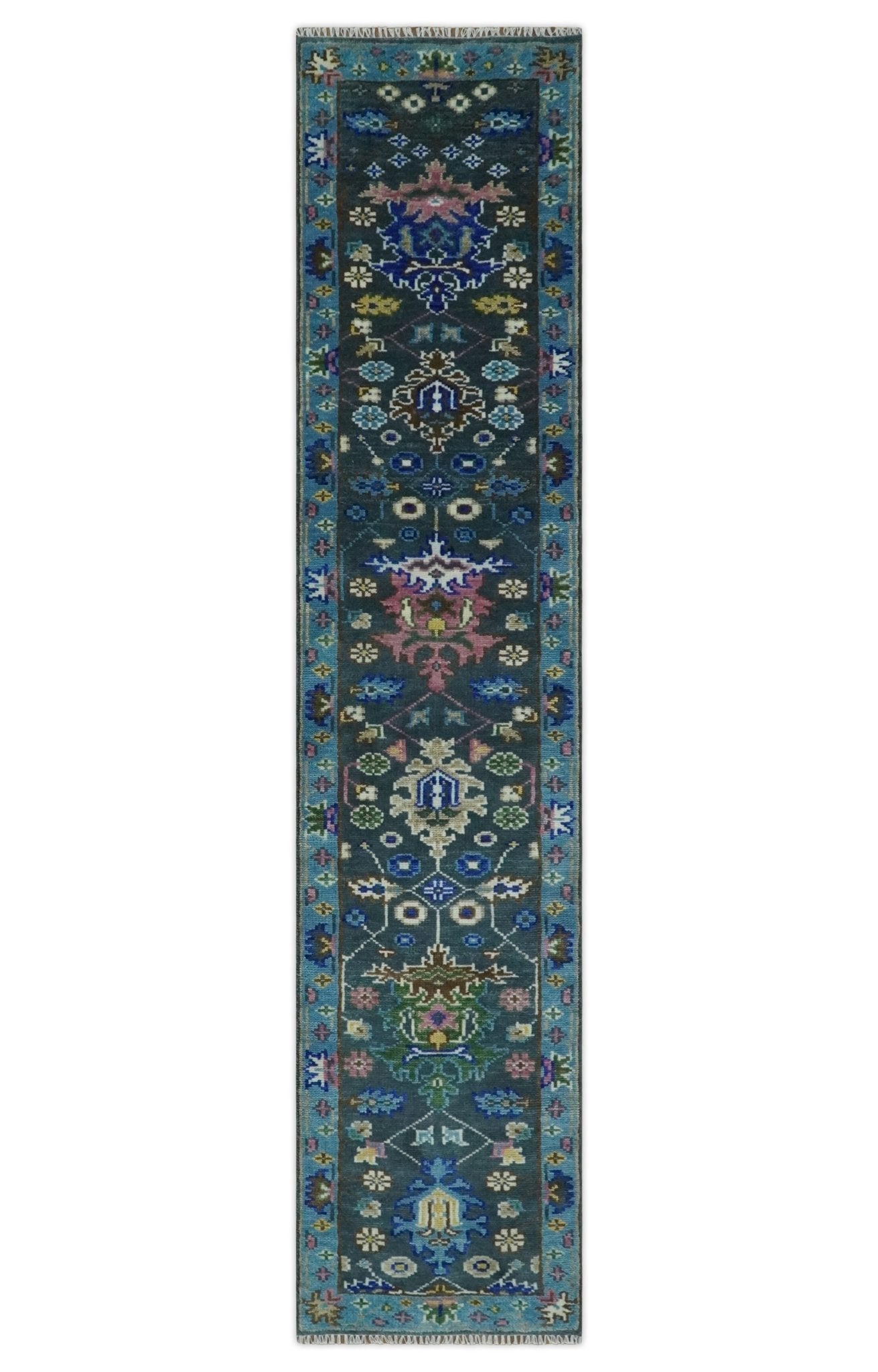 Antique Design Hand Knotted Green Moss and Blue Turkish Oushak Custom Made Wool Area Rug