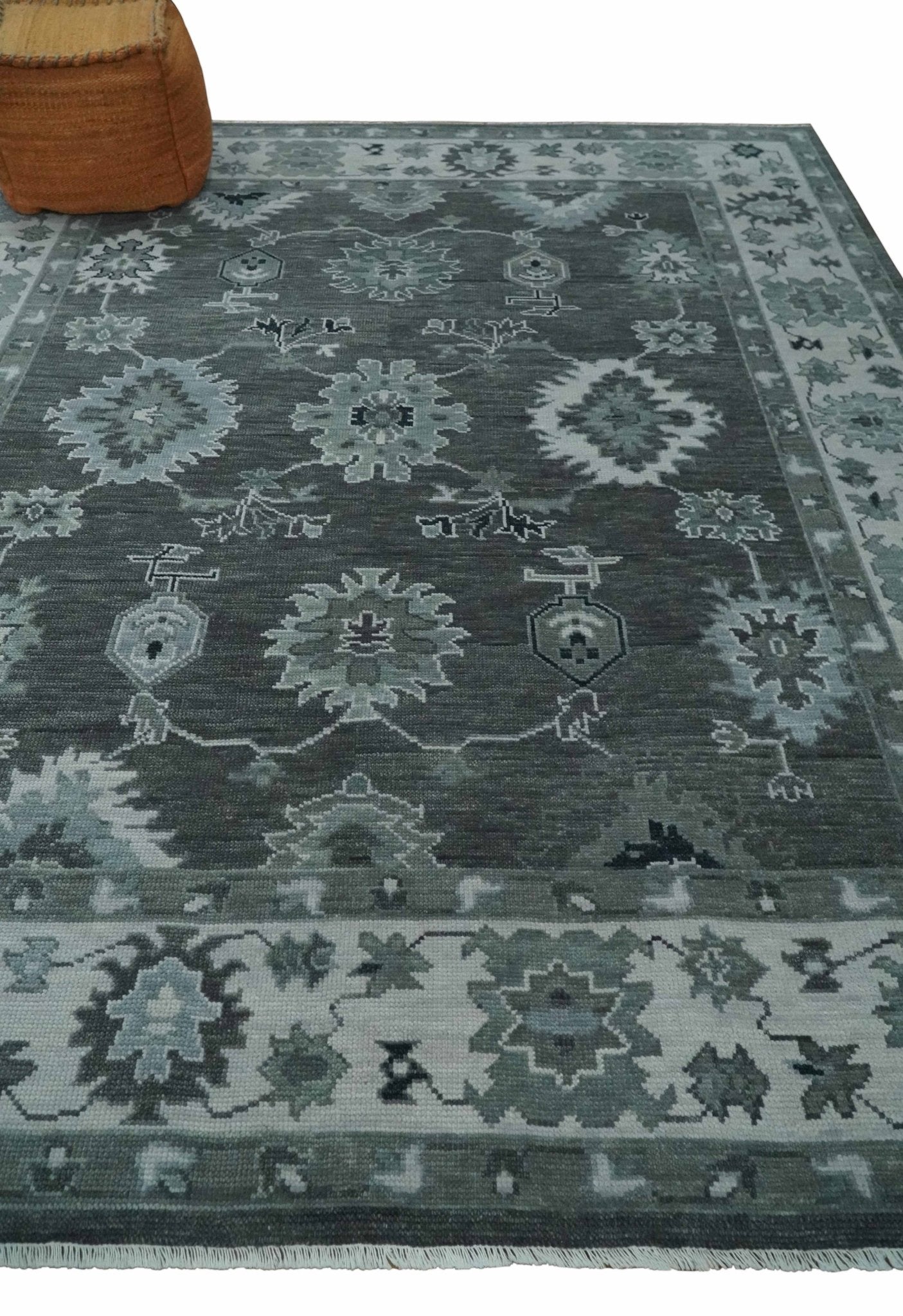 Antique 8x10, 9x12, 10x14 and 12x15 Hand Knotted Charcoal and Ivory Traditional Persian Oushak Wool Rug | NT28 - The Rug Decor