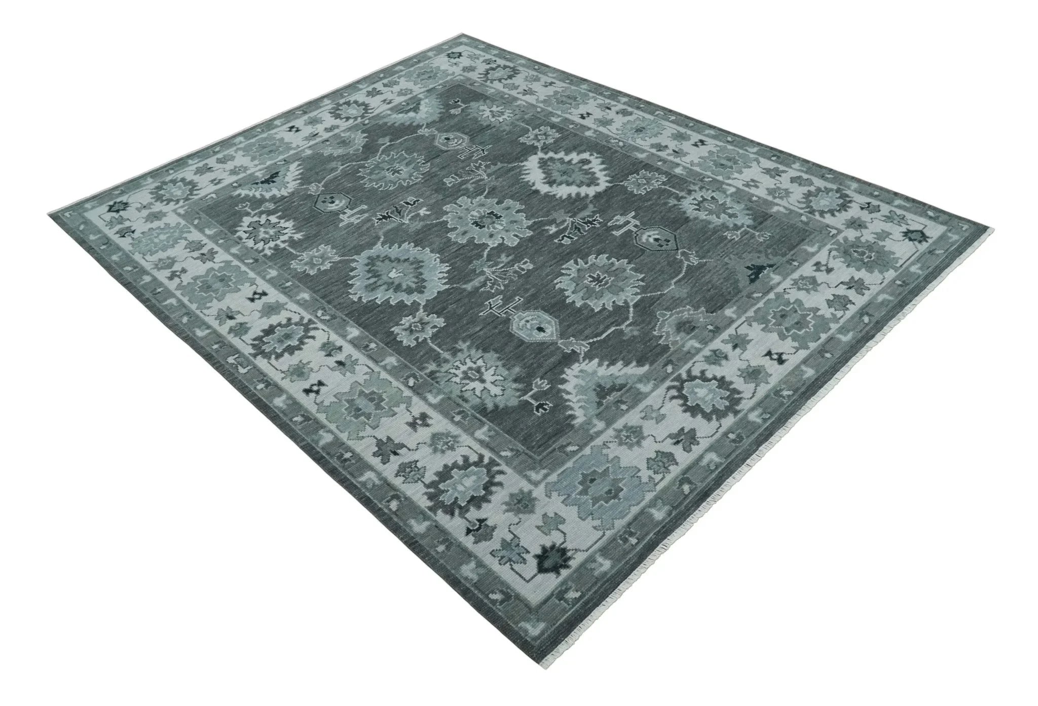 Antique 8x10, 9x12, 10x14 and 12x15 Hand Knotted Charcoal and Ivory Traditional Persian Oushak Wool Rug | NT28 - The Rug Decor