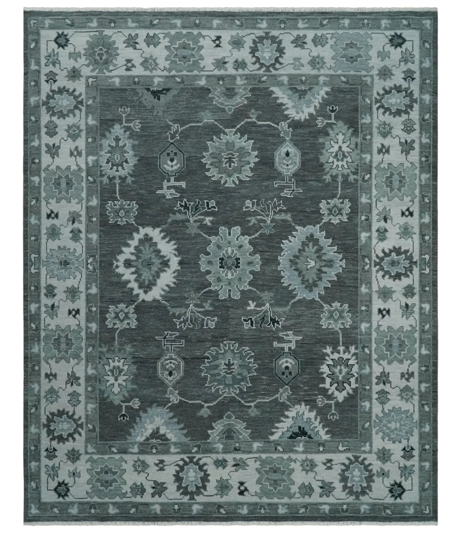 Antique 8x10, 9x12, 10x14 and 12x15 Hand Knotted Charcoal and Ivory Traditional Persian Oushak Wool Rug | NT28 - The Rug Decor
