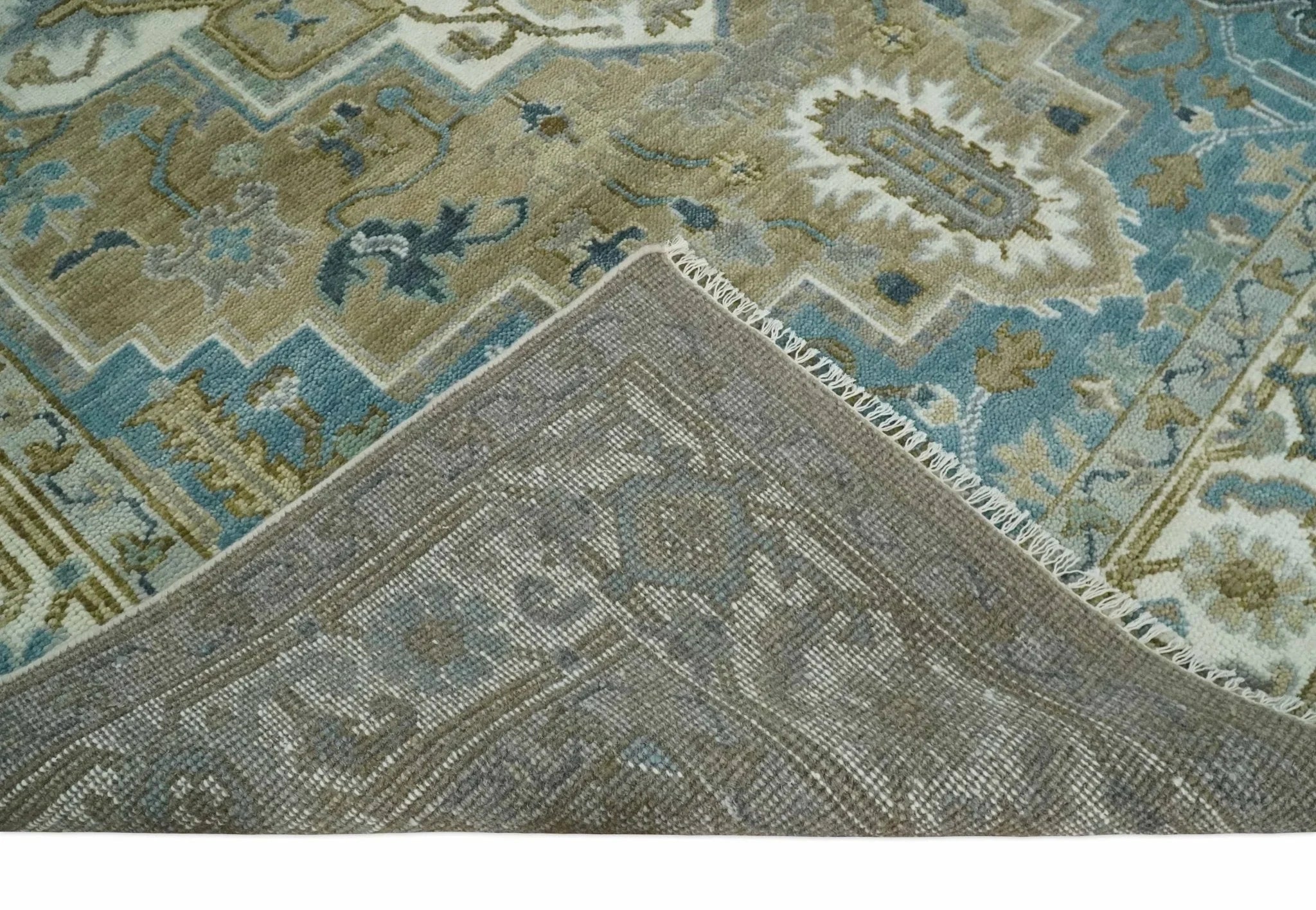 Antique 9x12 Camel, Blue and Ivory Hand Knotted Traditional Heriz Serapi Wool Rug | TRDCP929912 - The Rug Decor