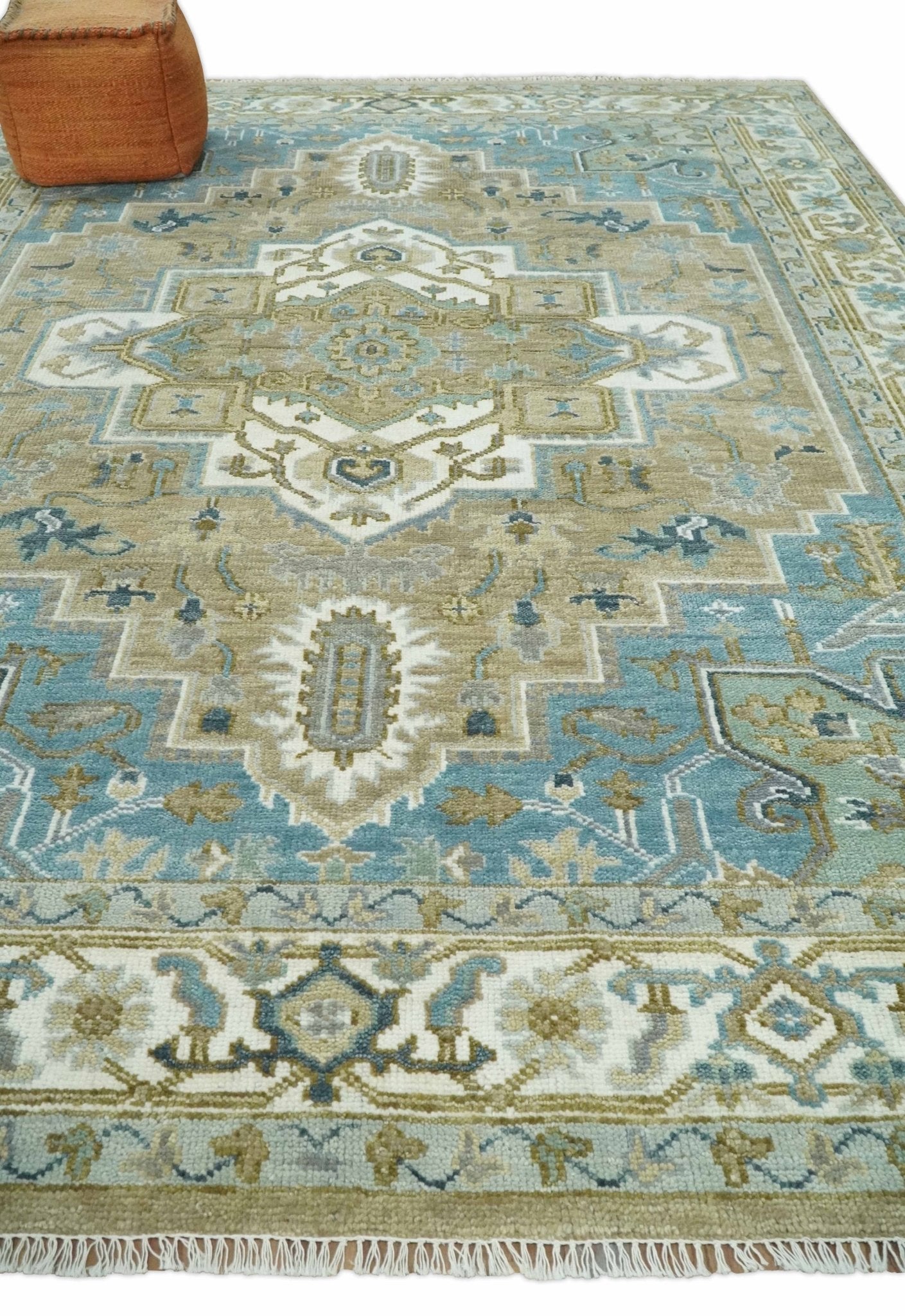 Antique 9x12 Camel, Blue and Ivory Hand Knotted Traditional Heriz Serapi Wool Rug | TRDCP929912 - The Rug Decor