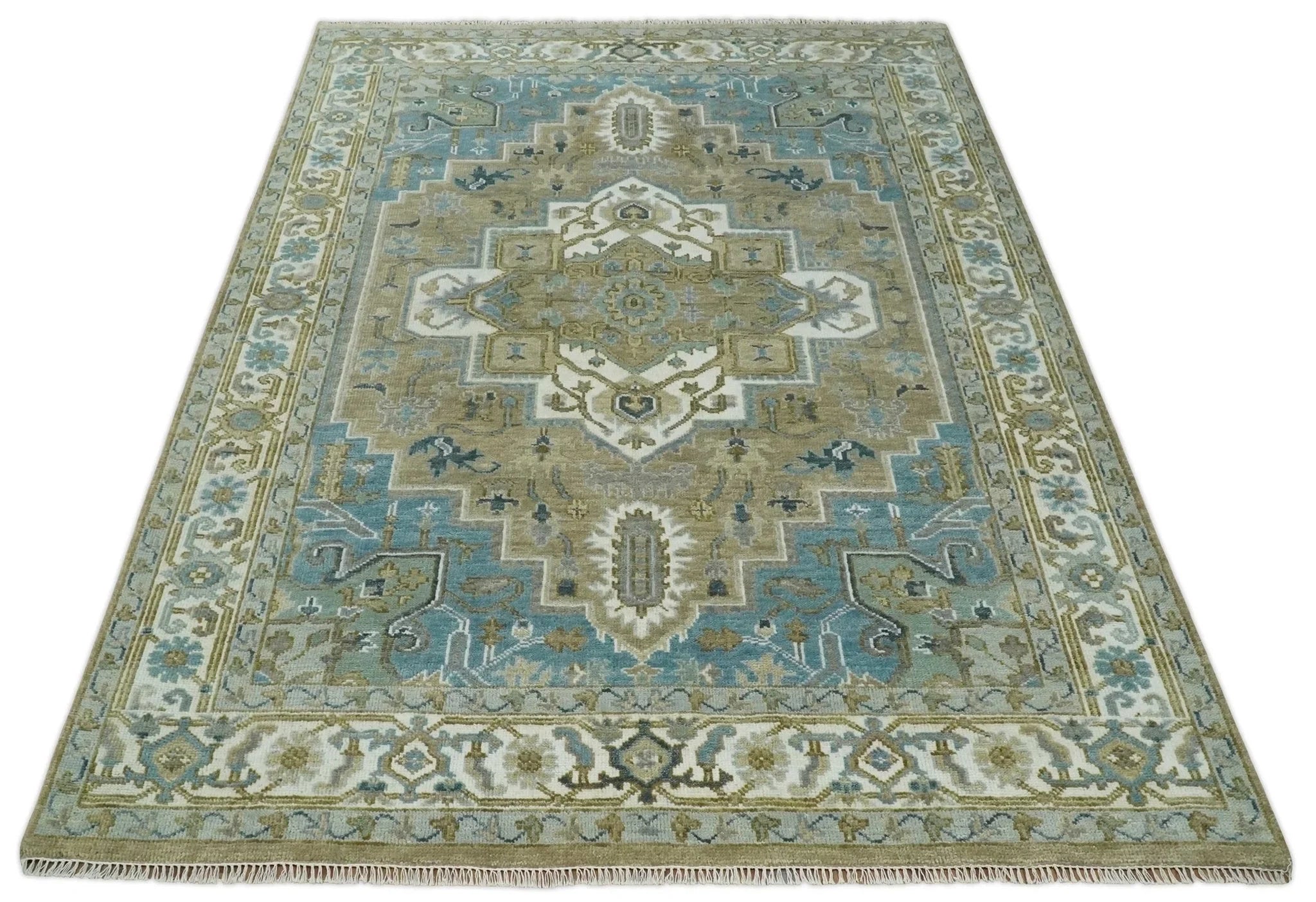 Antique 9x12 Camel, Blue and Ivory Hand Knotted Traditional Heriz Serapi Wool Rug | TRDCP929912 - The Rug Decor