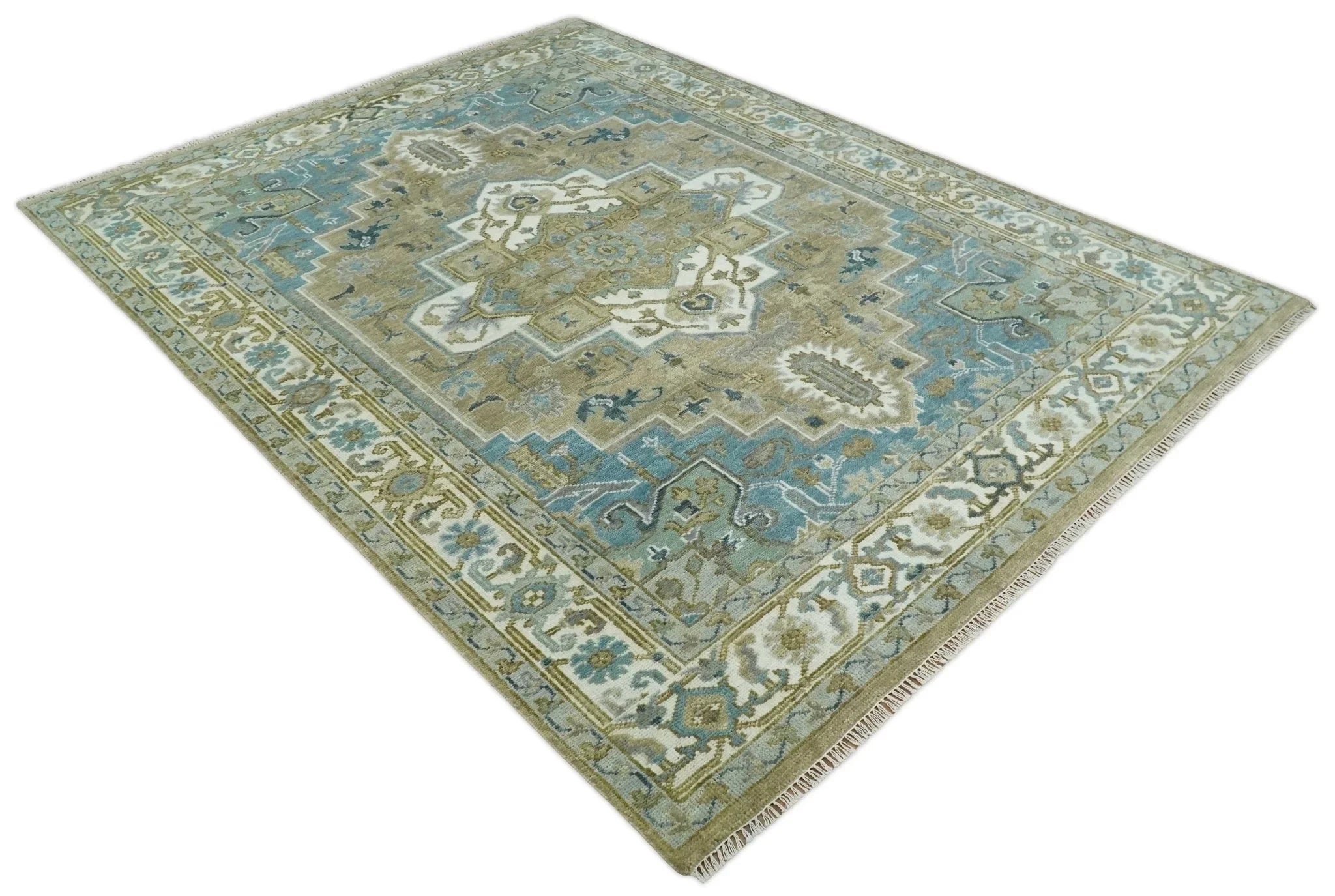 Antique 9x12 Camel, Blue and Ivory Hand Knotted Traditional Heriz Serapi Wool Rug | TRDCP929912 - The Rug Decor