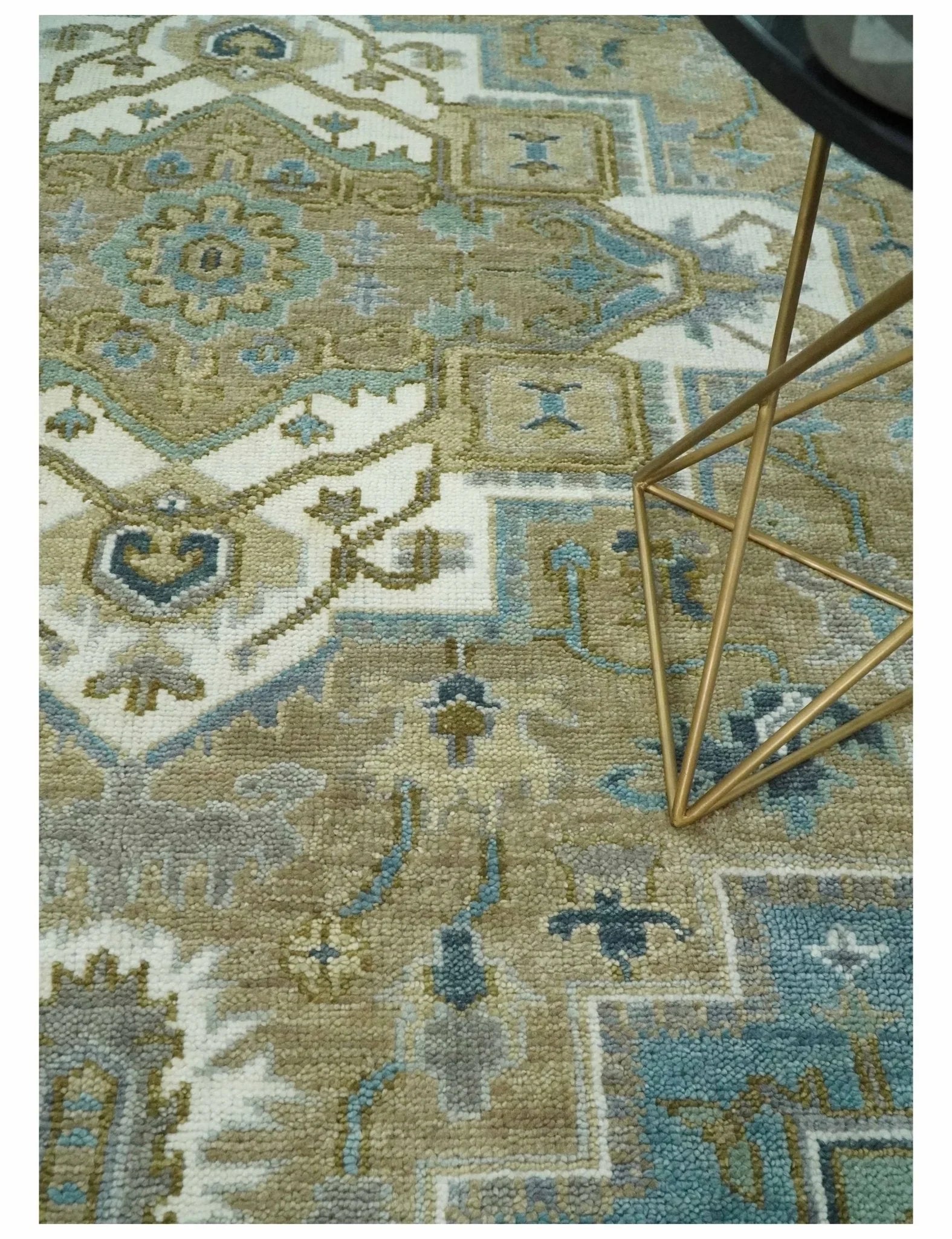 Antique 9x12 Camel, Blue and Ivory Hand Knotted Traditional Heriz Serapi Wool Rug | TRDCP929912 - The Rug Decor