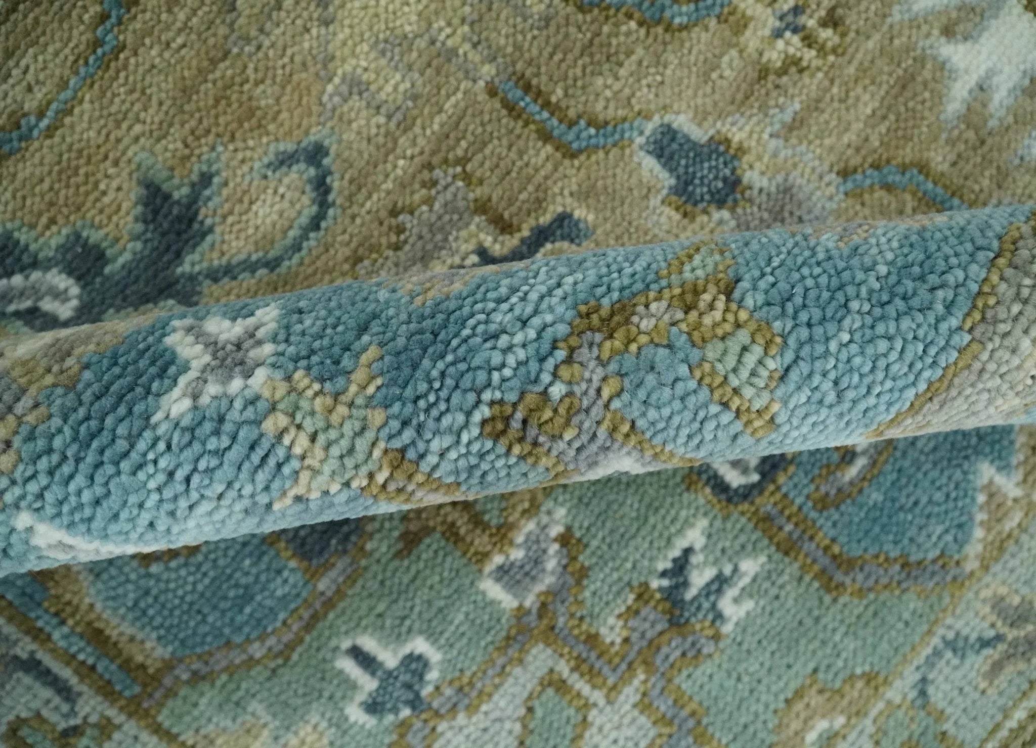 Antique 9x12 Camel, Blue and Ivory Hand Knotted Traditional Heriz Serapi Wool Rug | TRDCP929912 - The Rug Decor