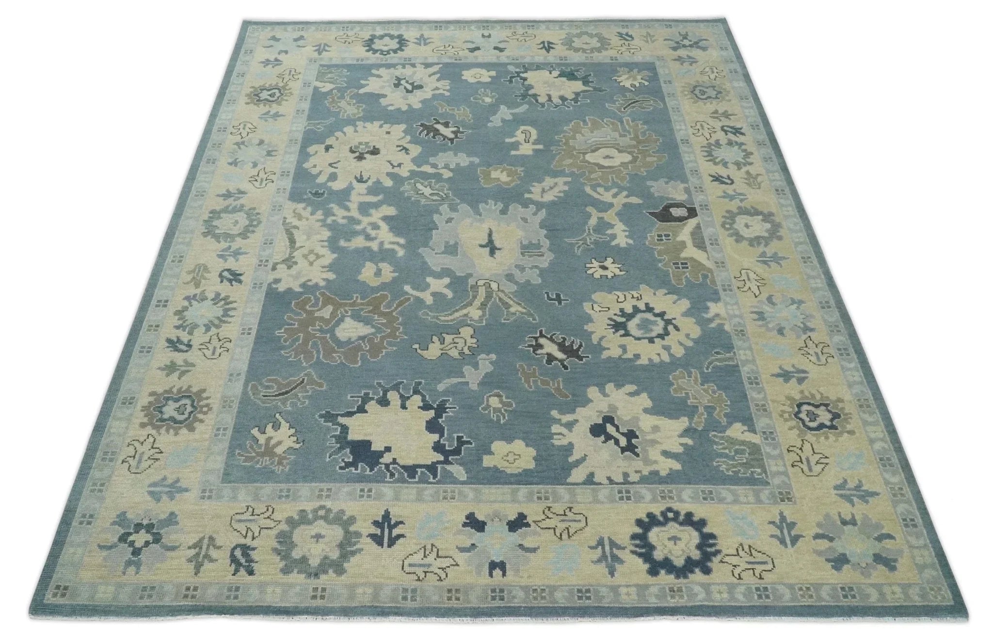 Antique Blue and Beige Multi size Hand Knotted Traditional Oushak Wool Area Rug - The Mayfair Hall