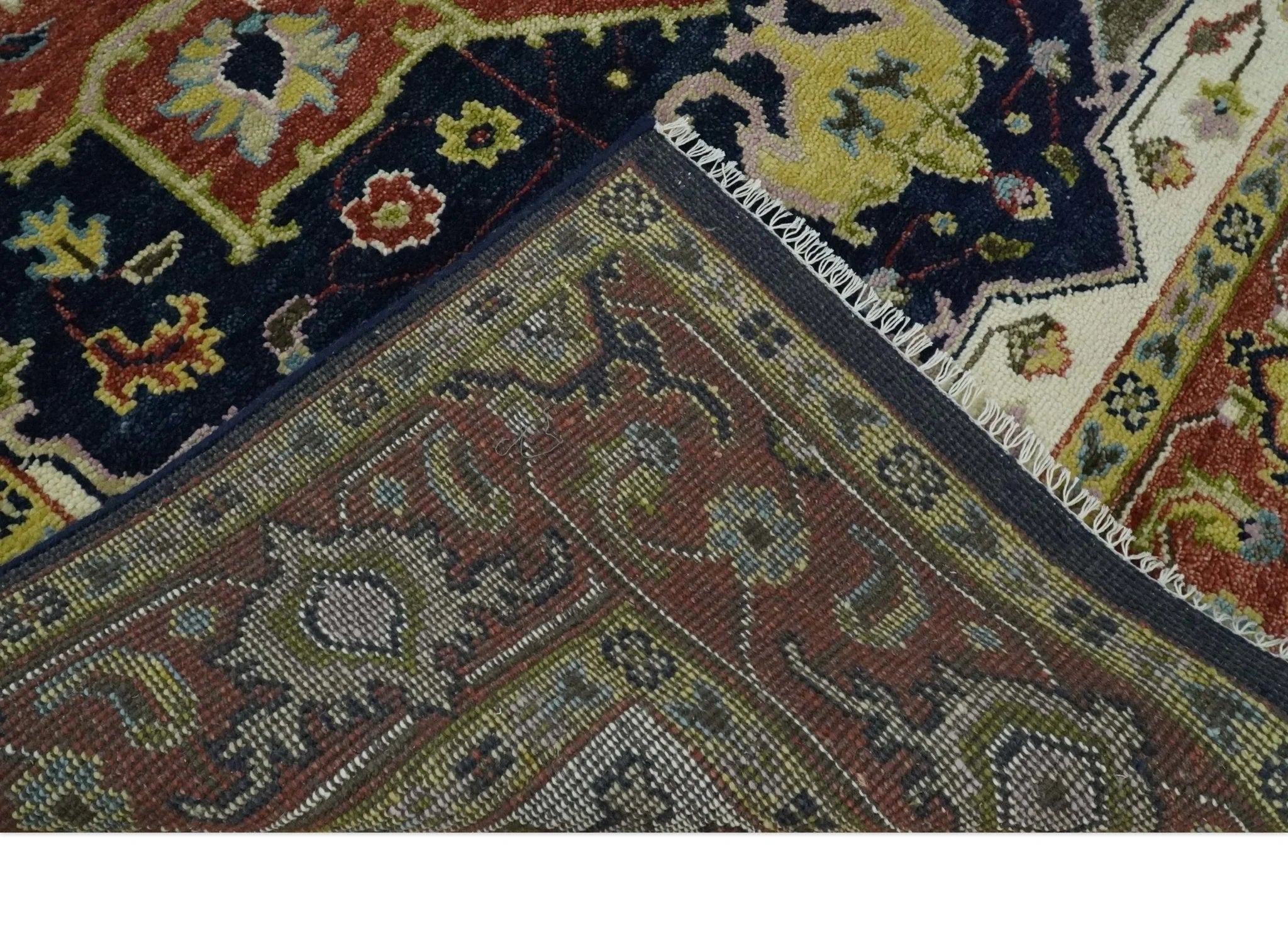 Antique Blue and Rust Hand Knotted 5x8, 6x9, 8x10, 9x12, 10x14 and 12x15 Traditional Vintage Persian Heriz Serapi Wool Rug | TRDCP906 - The Rug Decor